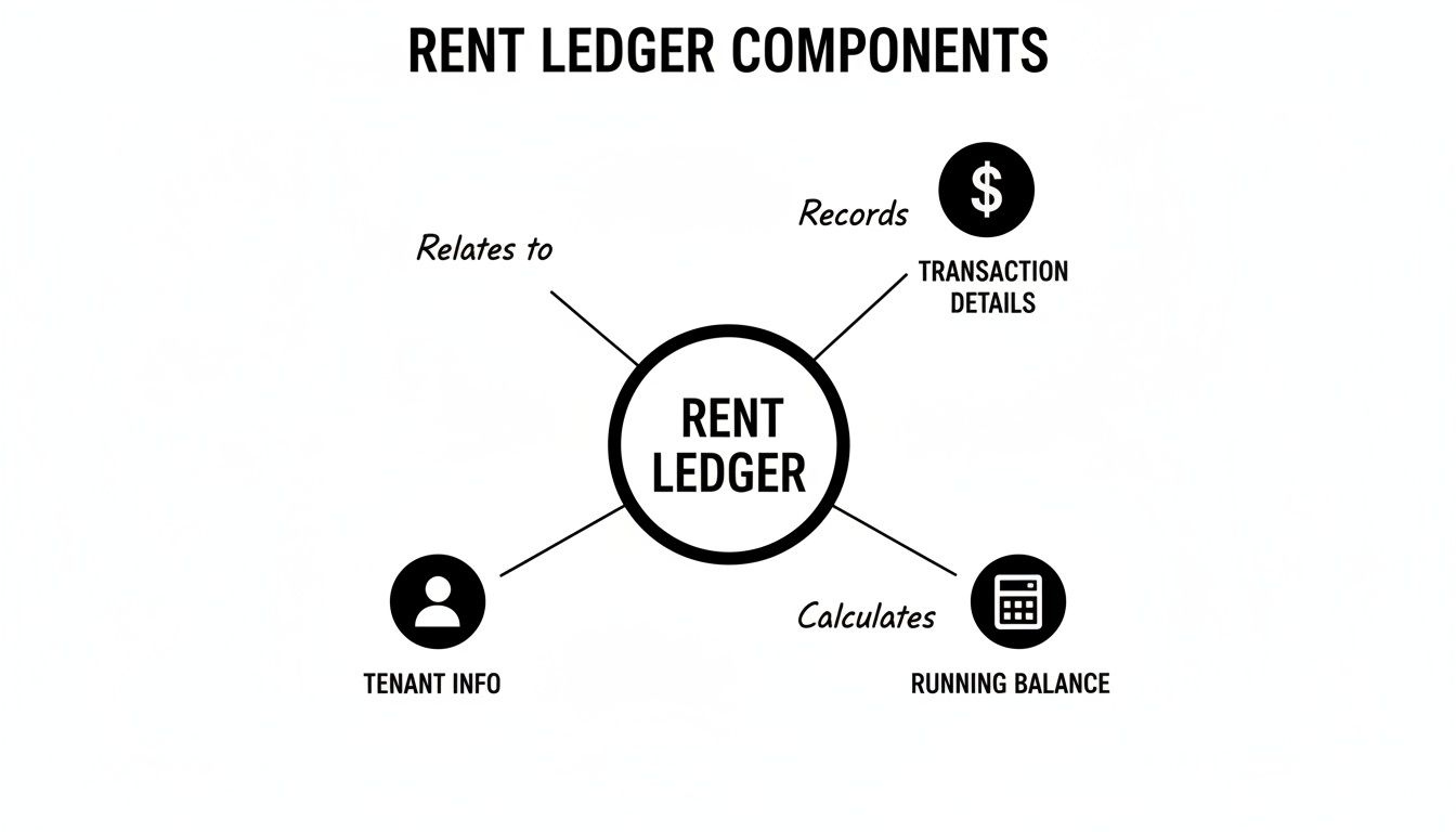 A diagram shows a rent ledger connected to transaction details, tenant info, and running balance.