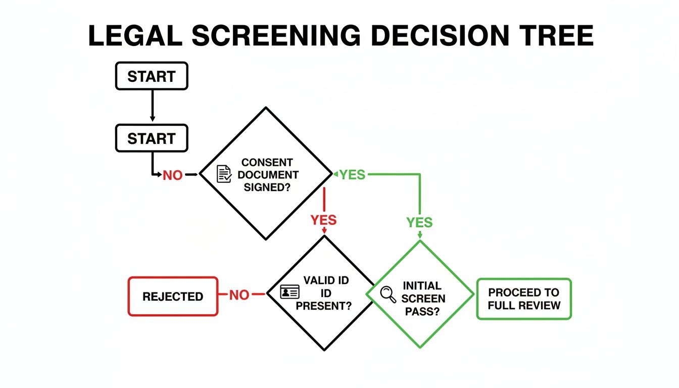 A legal screening decision tree flowchart with steps for consent, ID, and initial screening.