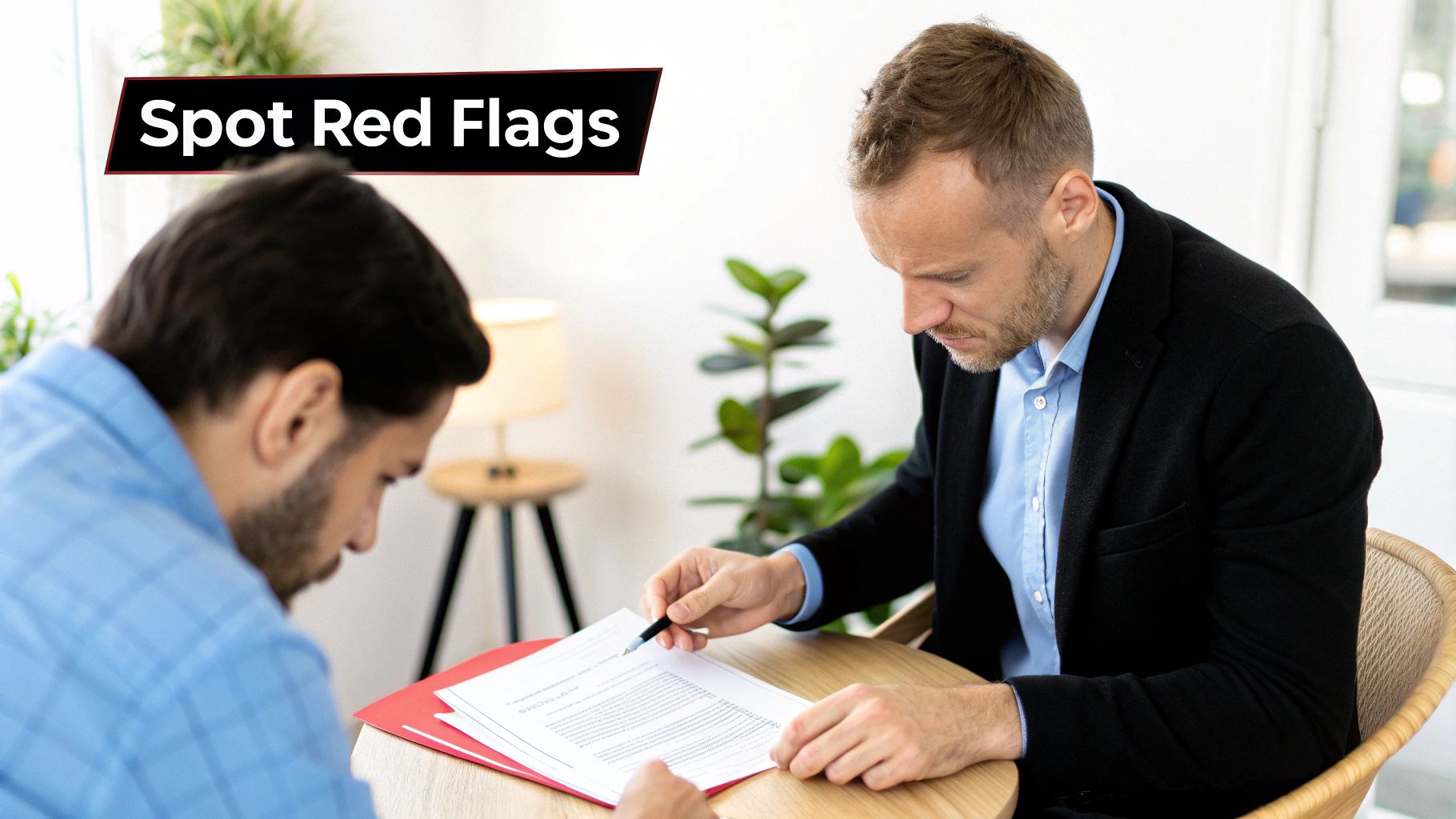 Property manager pointing to red flags in rental agreement contract during client consultation meeting