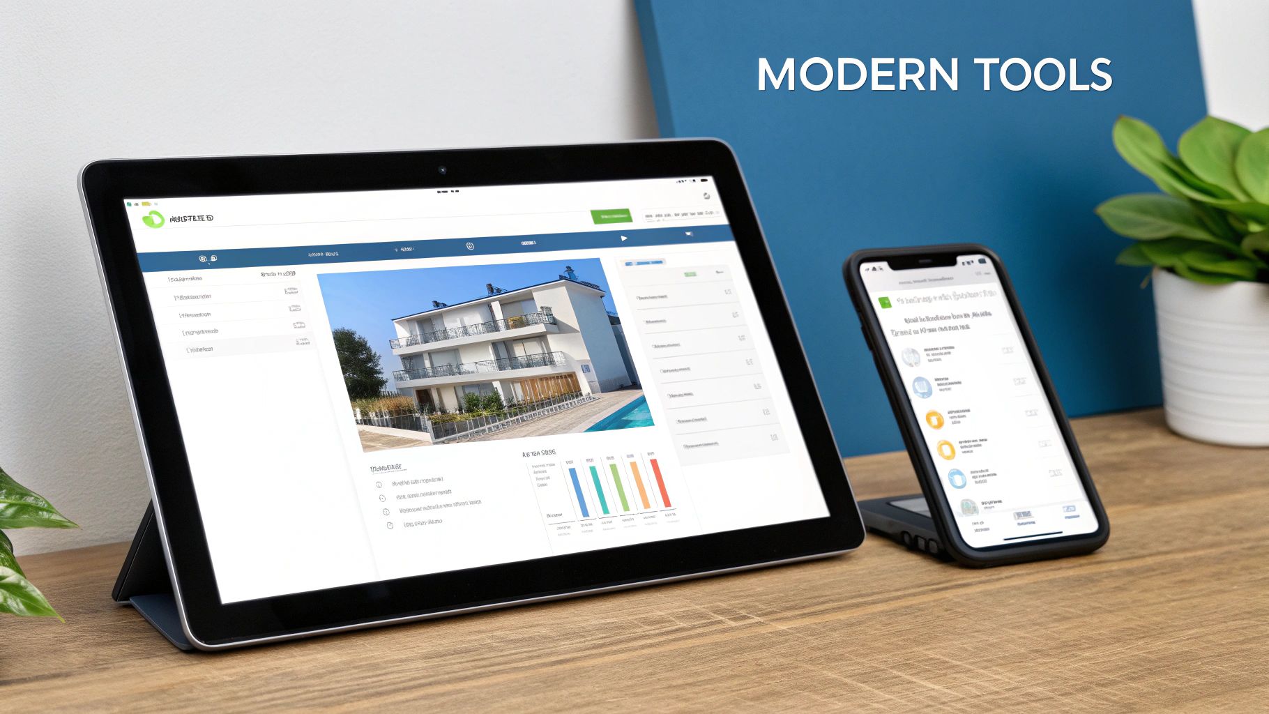 A property manager and a tenant using a tablet, symbolizing modern property management technology.