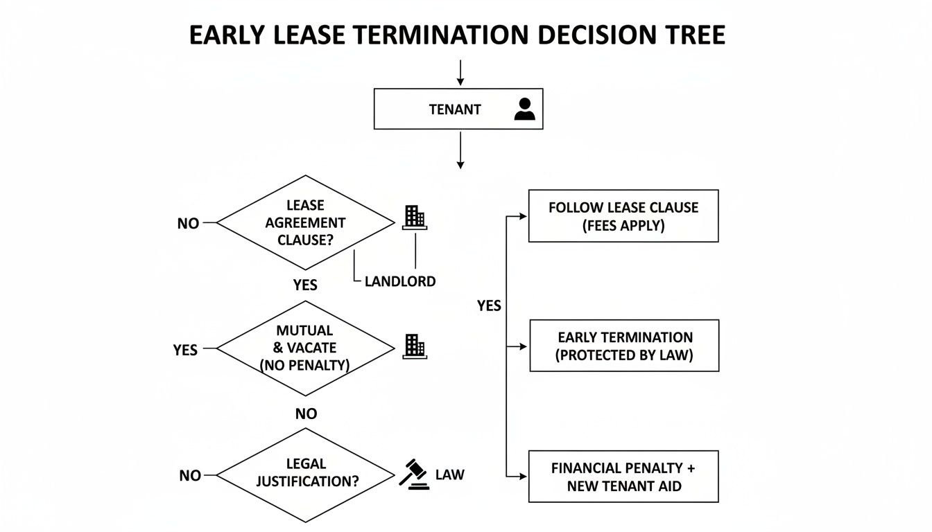 A decision tree flowchart outlining steps and outcomes for early lease termination by a tenant.