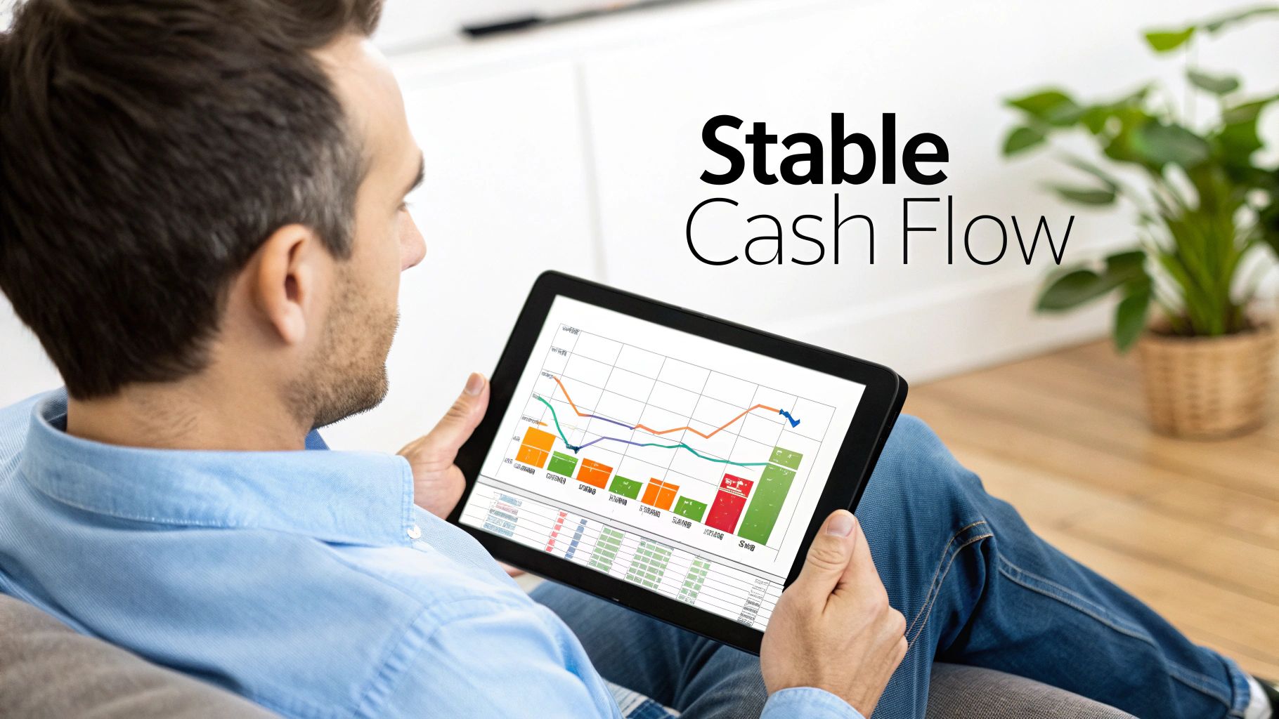 Man on a couch looking at a tablet displaying financial graphs and 'Stable Cash Flow' text.