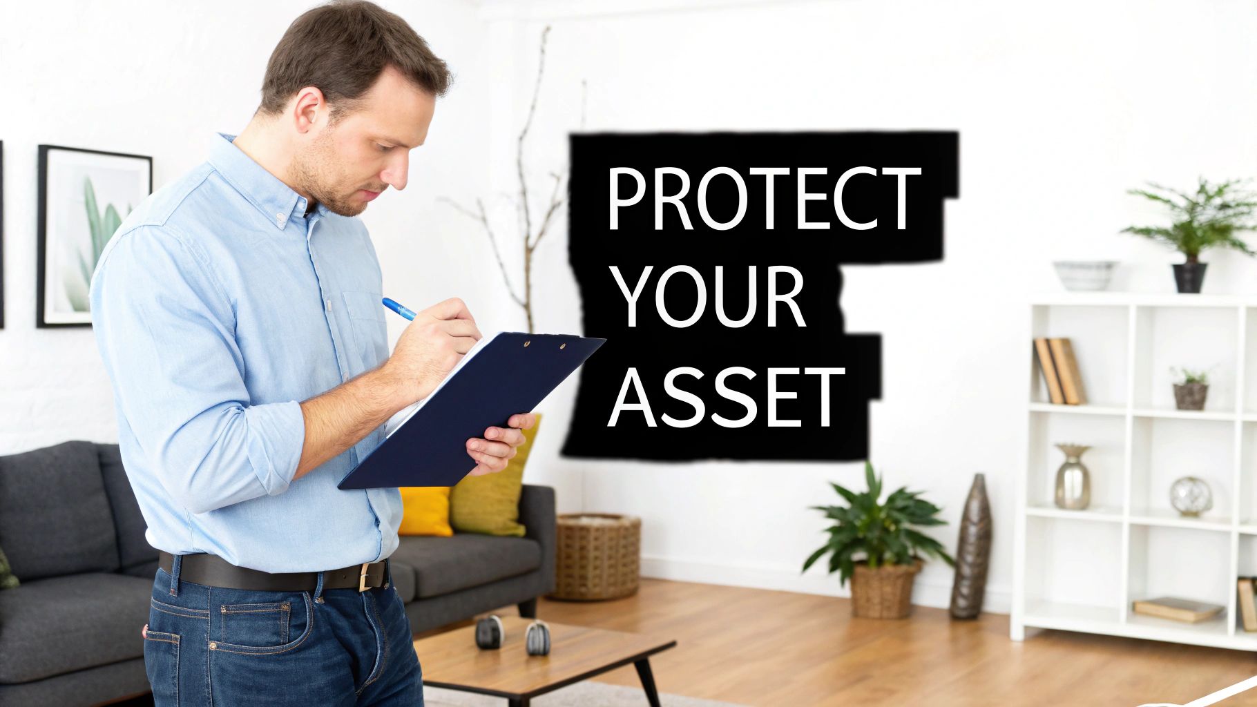 A property manager conducting a rental home inspection with a clipboard.