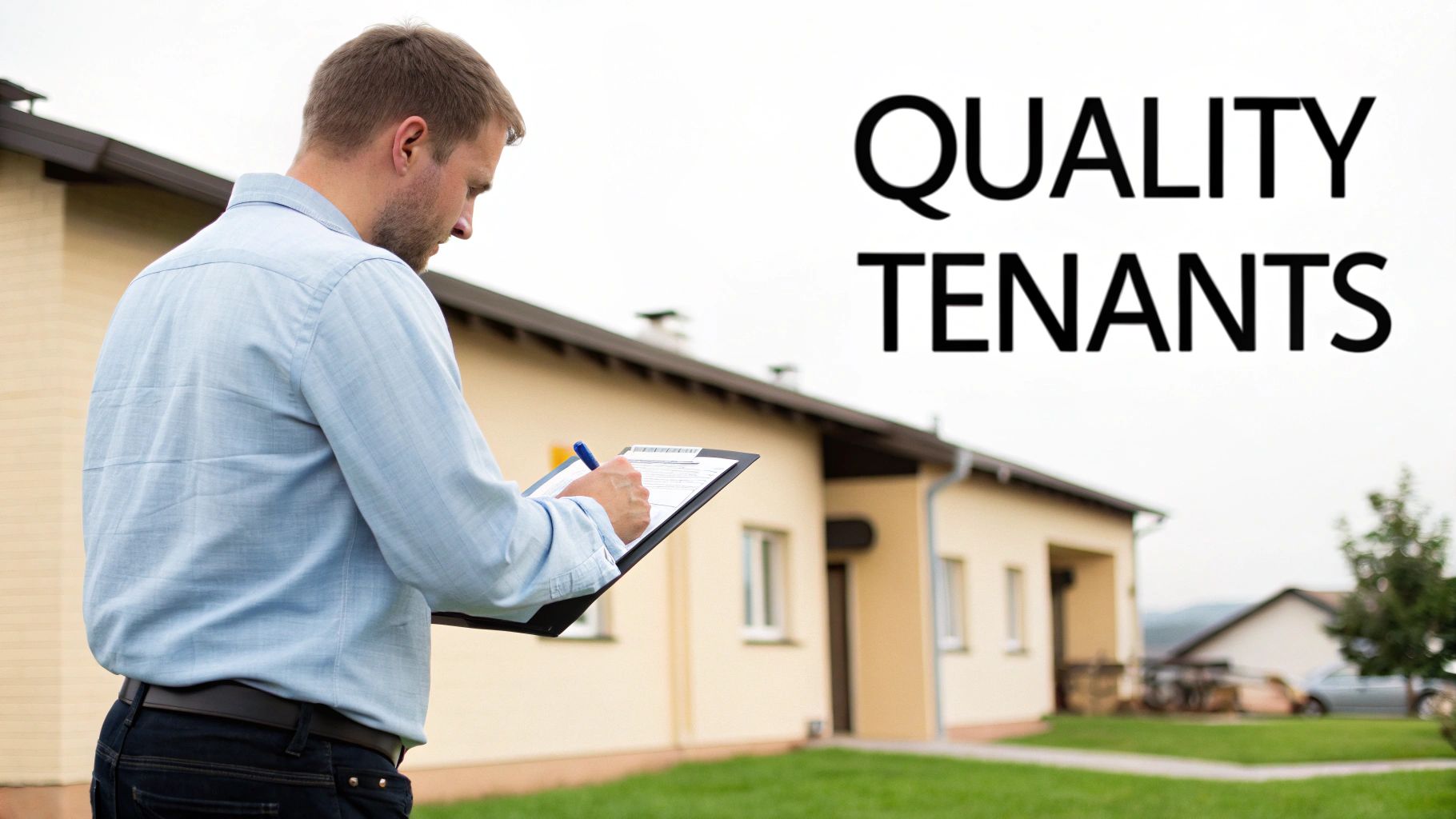 A man inspects a residential property, writing on a clipboard, with text 'QUALITY TENANTS'.