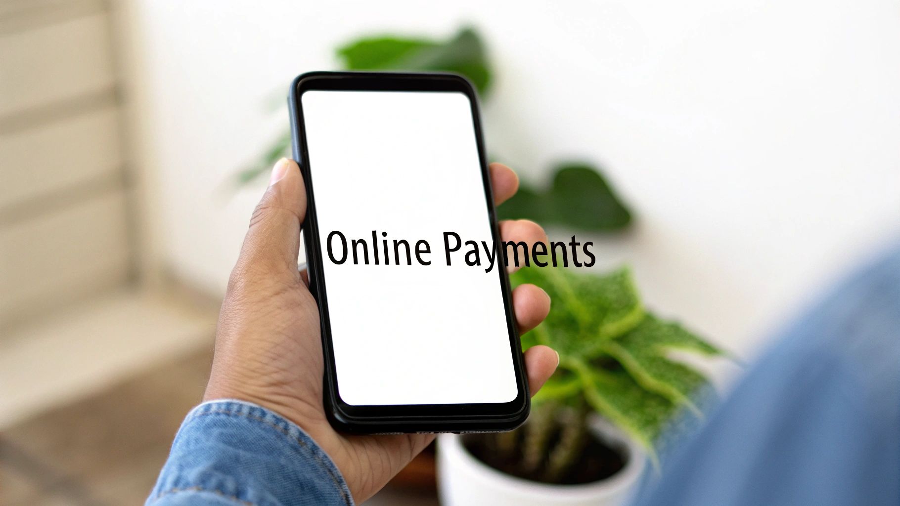 A hand holds a smartphone displaying 'Online Payments' on a white screen, with a blurred plant.