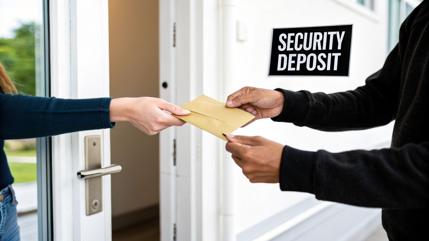 A person hands a security deposit envelope to another person at an open doorway.