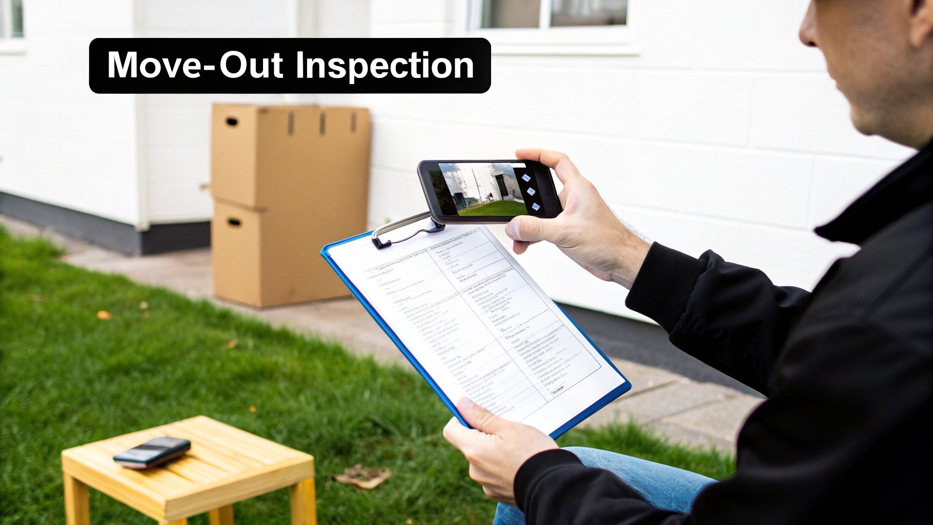 A person conducts a move-out inspection, holding a clipboard and using a smartphone to document the house exterior.
