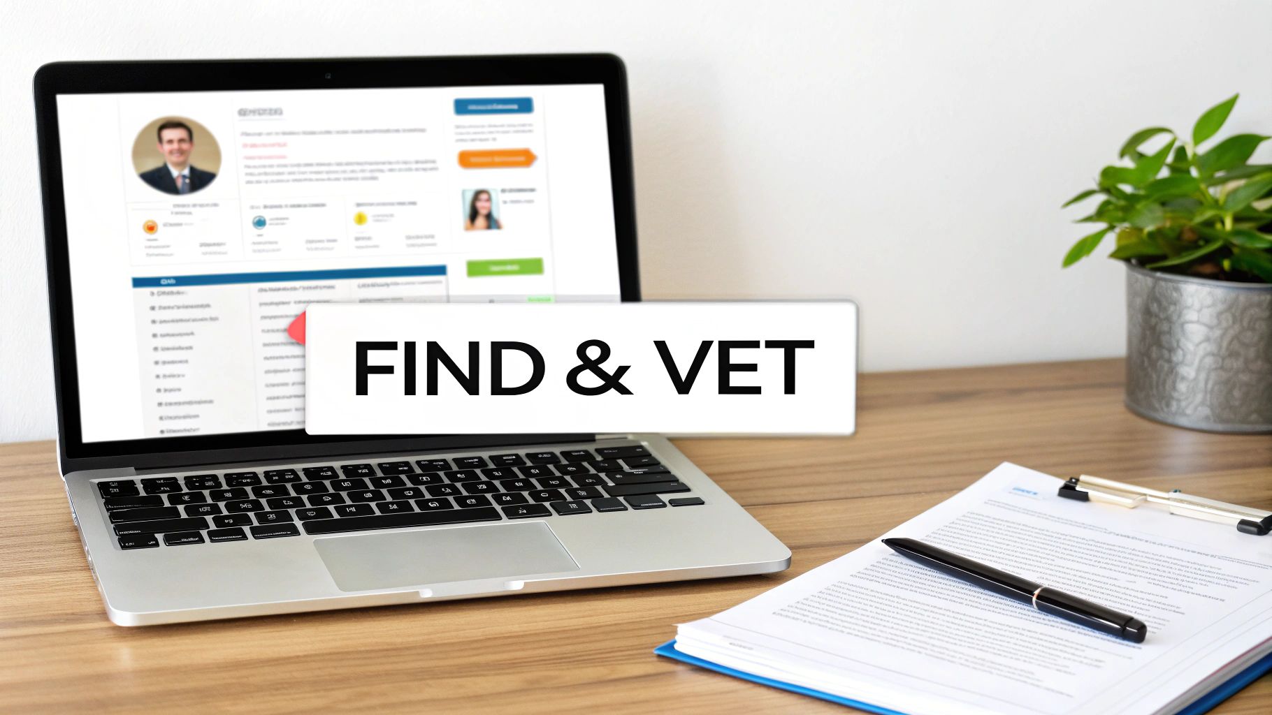 A laptop showing a professional profile, a 'FIND & VET' sign, and documents on a desk.