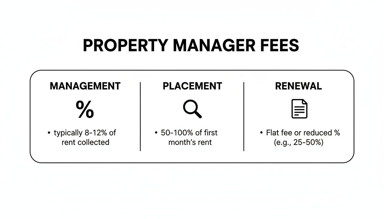 Infographic detailing property manager fees, including percentages for management, placement, and renewal services.