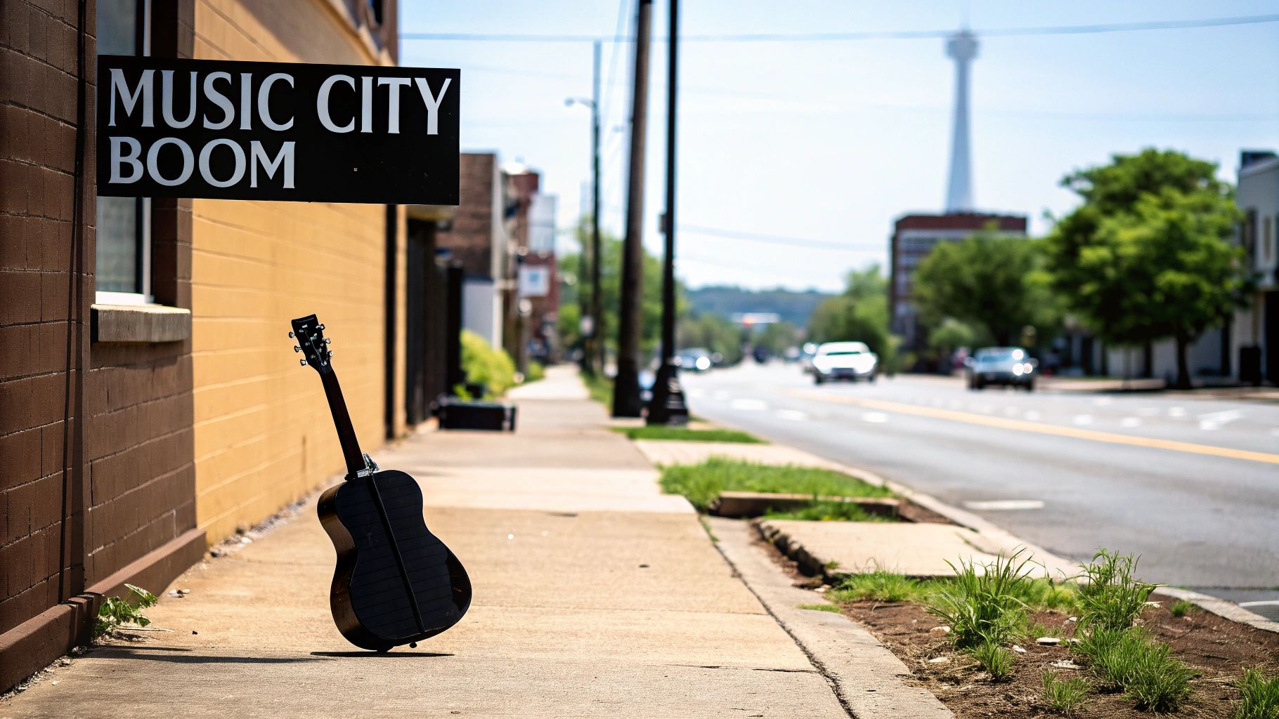 A black acoustic guitar leans against a tan building with a &#39;MUSIC CITY BOOM&#39; sign on a street.