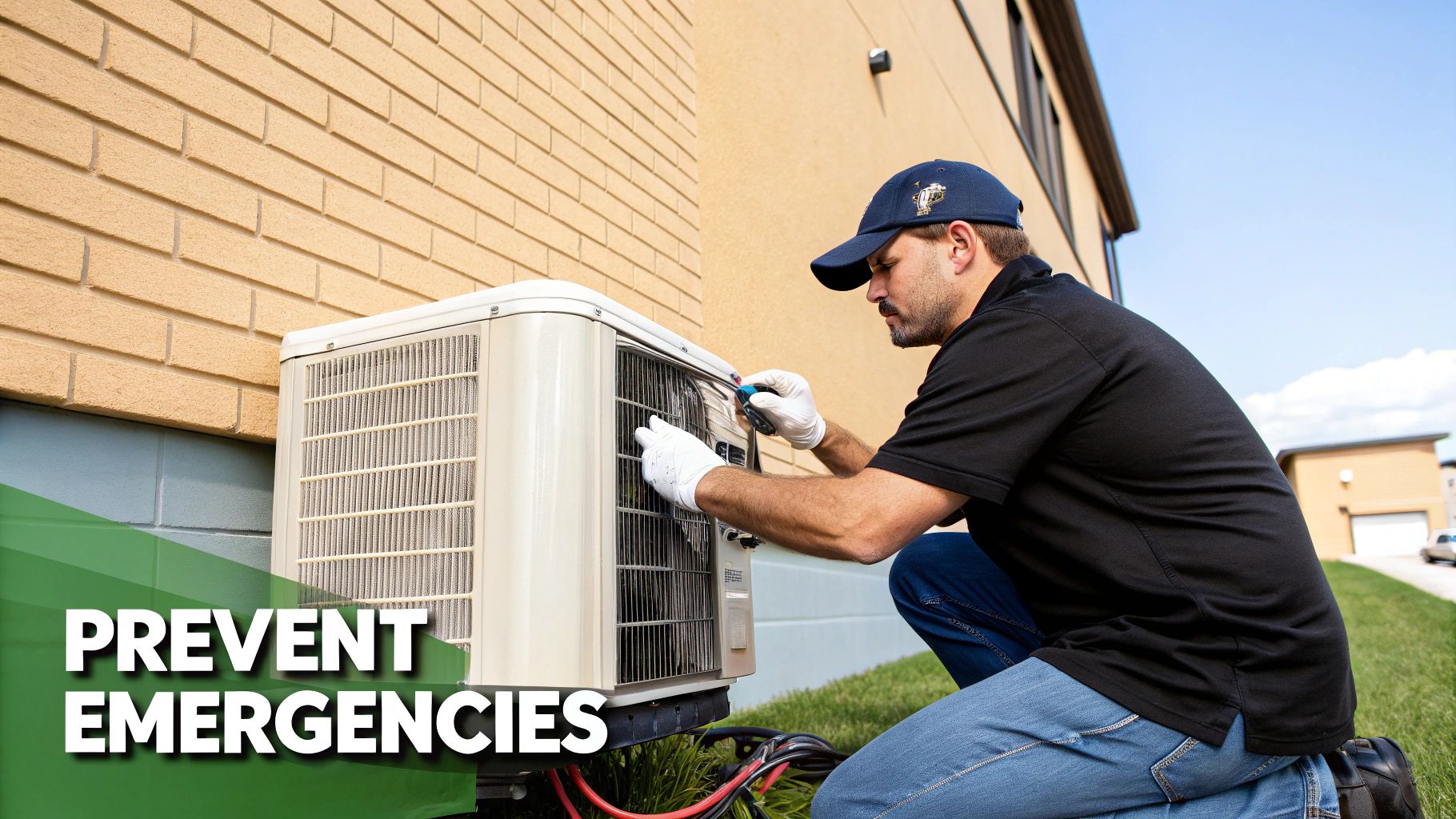 A maintenance worker inspecting and servicing an HVAC unit on the side of a house.