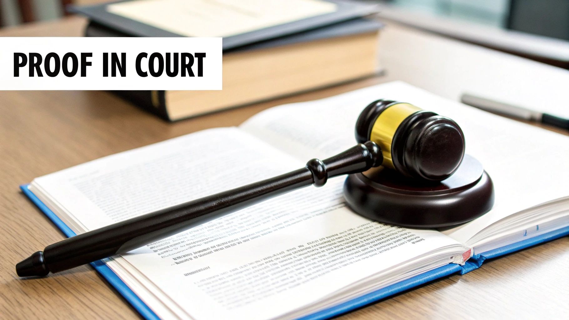 A judge's gavel on an open law book with 'PROOF IN COURT' text, symbolizing justice and evidence.