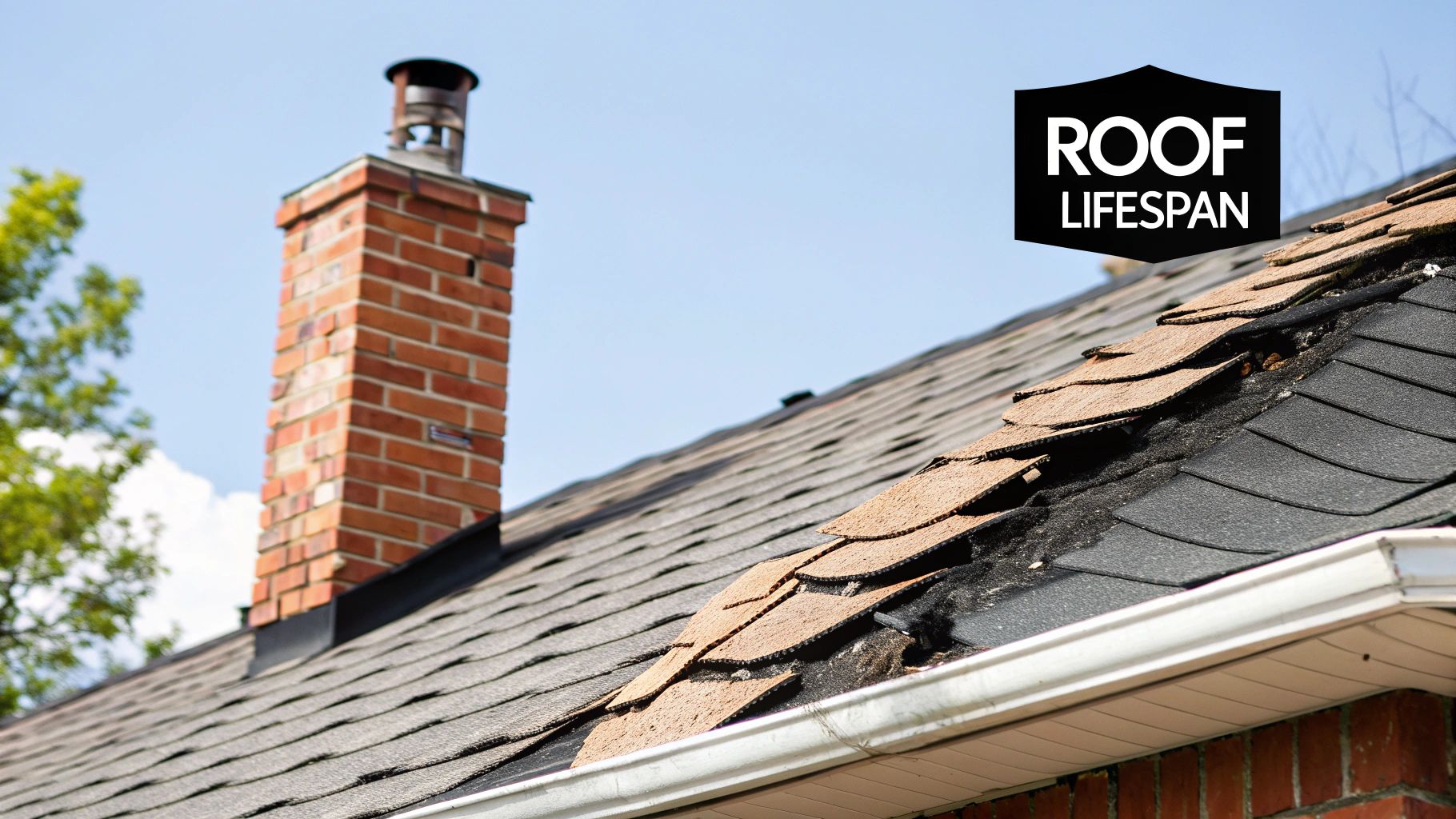 A severely damaged asphalt shingle roof with missing and curled shingles, a brick chimney, and a white gutter.