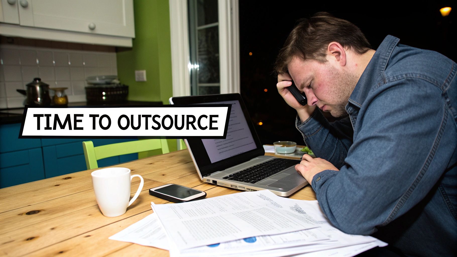 A stressed man on the phone, working late at a table with a laptop, documents, and coffee, with text overlay "TIME TO OUTSOURCE".
