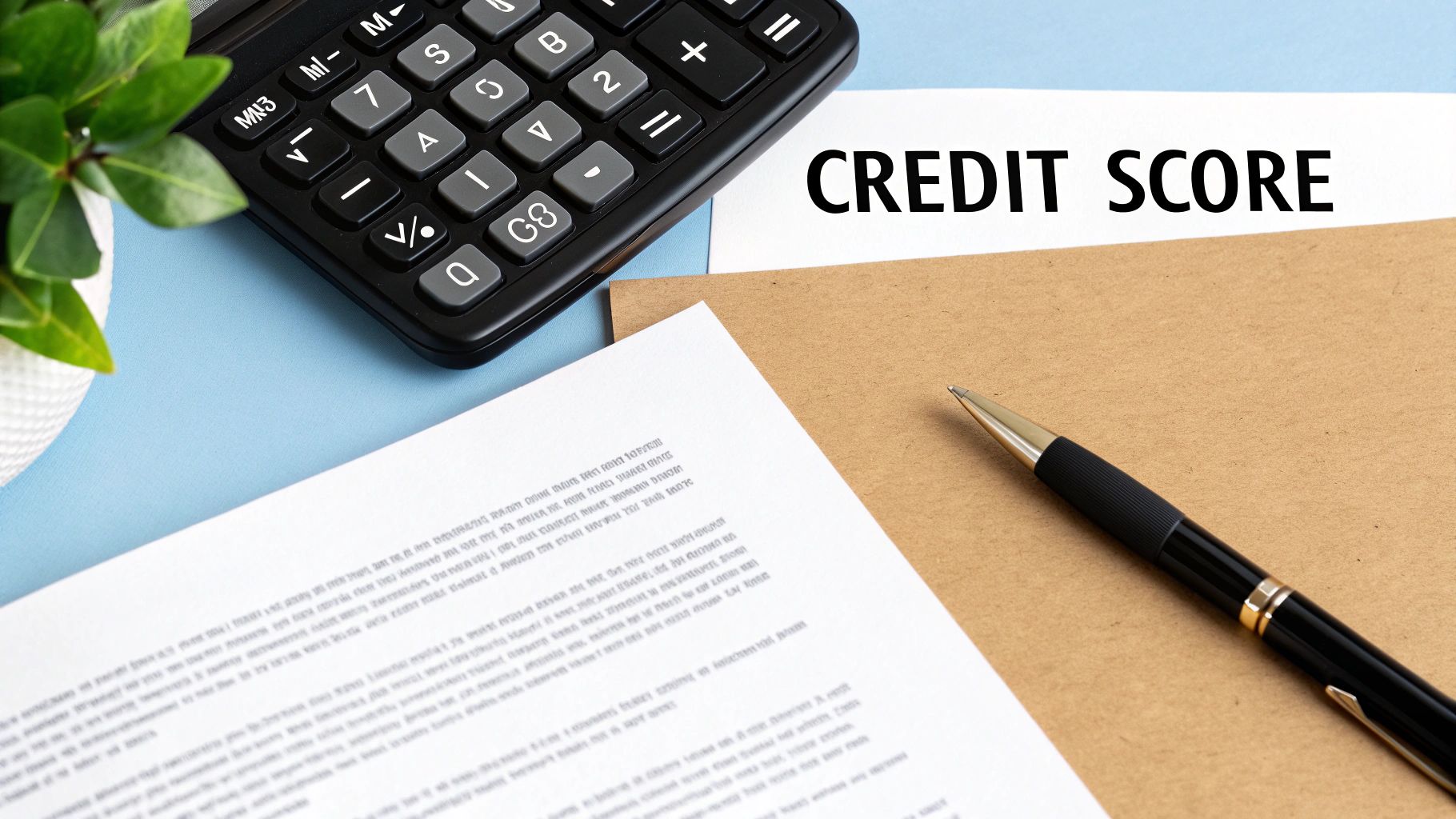 Desk setup with a calculator, a pen, and a document displaying 'CREDIT SCORE' prominently.