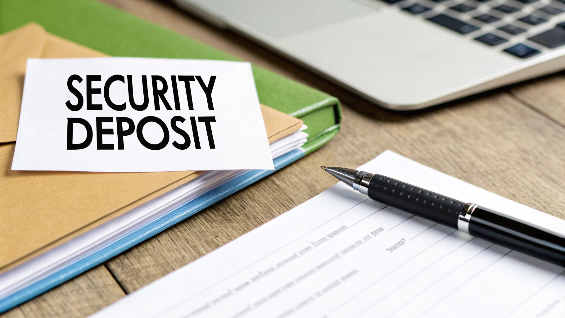 Desk setup with 'SECURITY DEPOSIT' note, documents, pen, and laptop, signifying financial agreements.