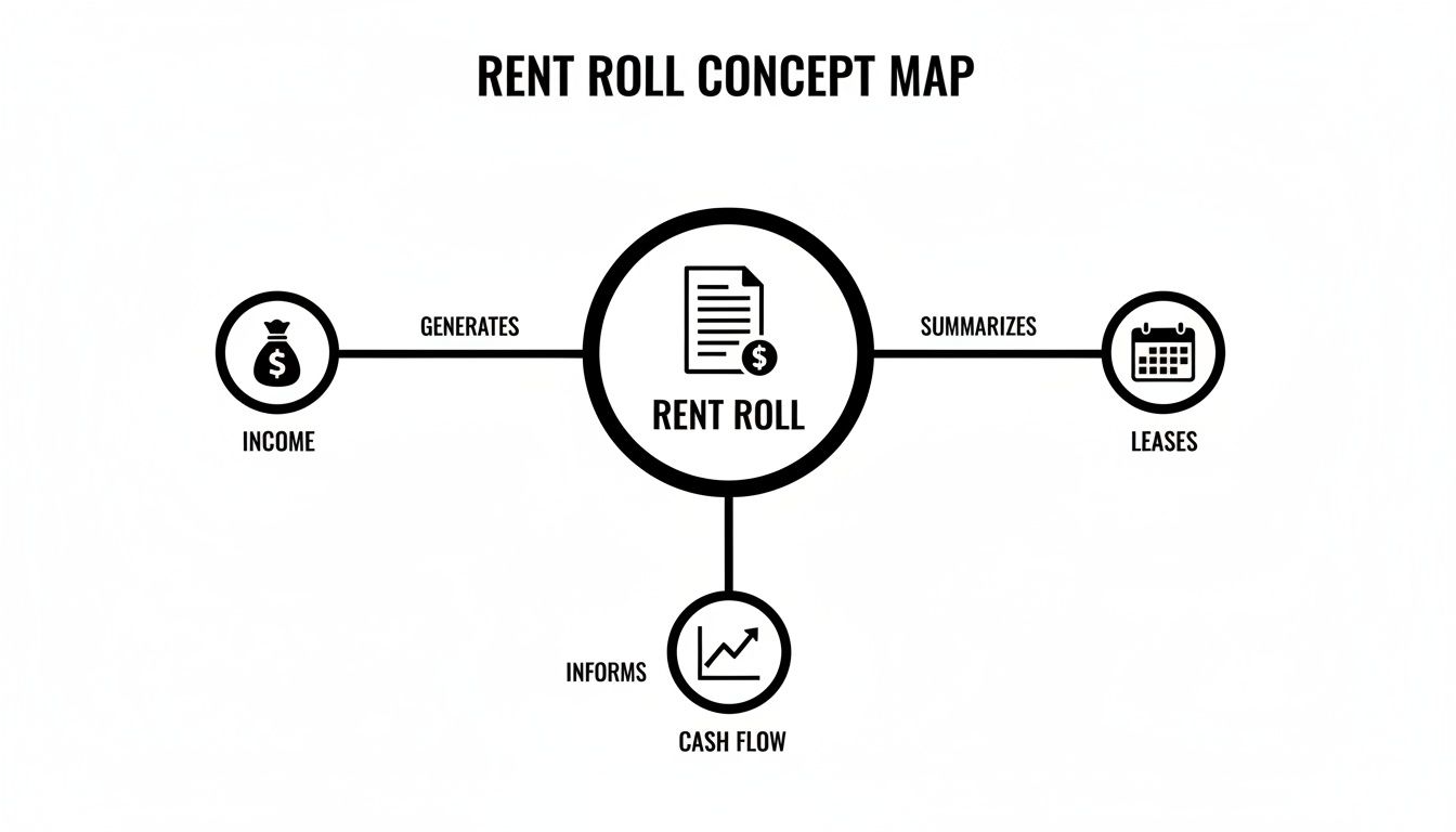 A black and white concept map illustrating the rent roll report, showing its connections to income, leases, and cash flow.