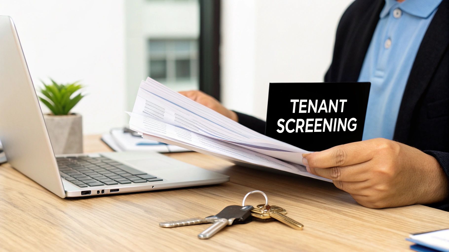 A landlord reviewing a tenant's rental application with a magnifying glass.