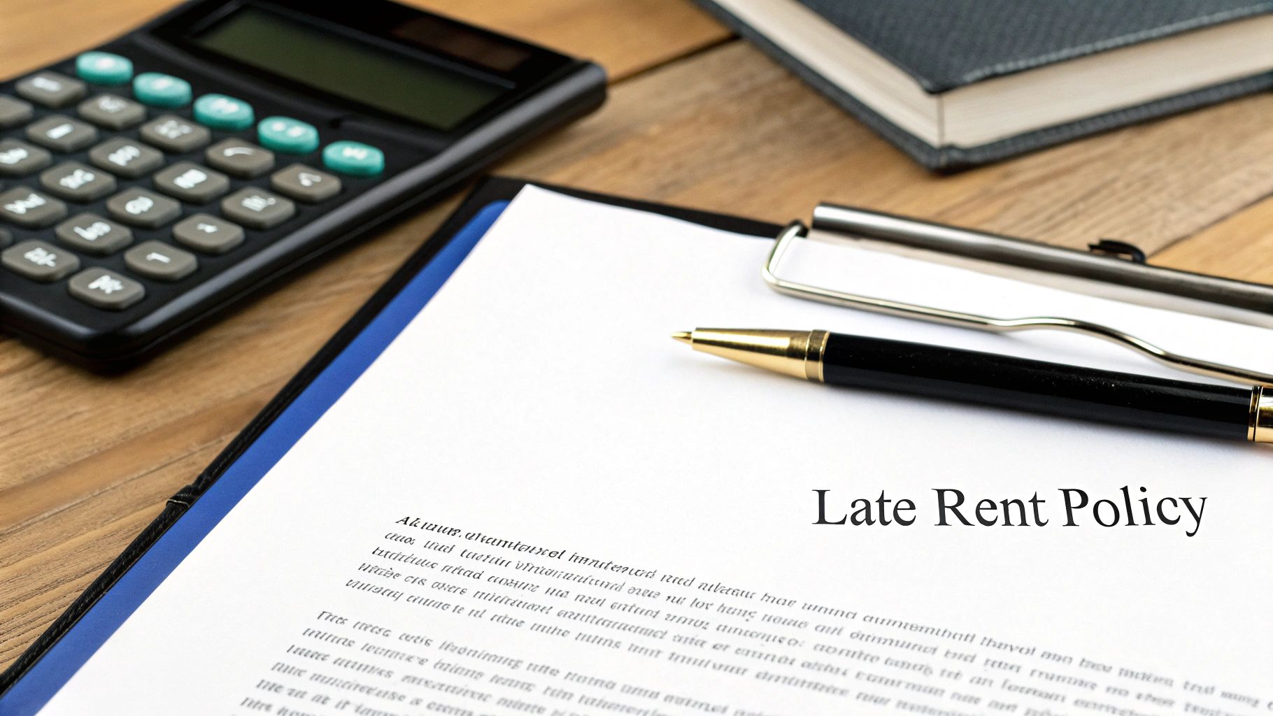 A document titled "Late Rent Policy" on a clipboard, with a pen, calculator, and book on a wooden desk.