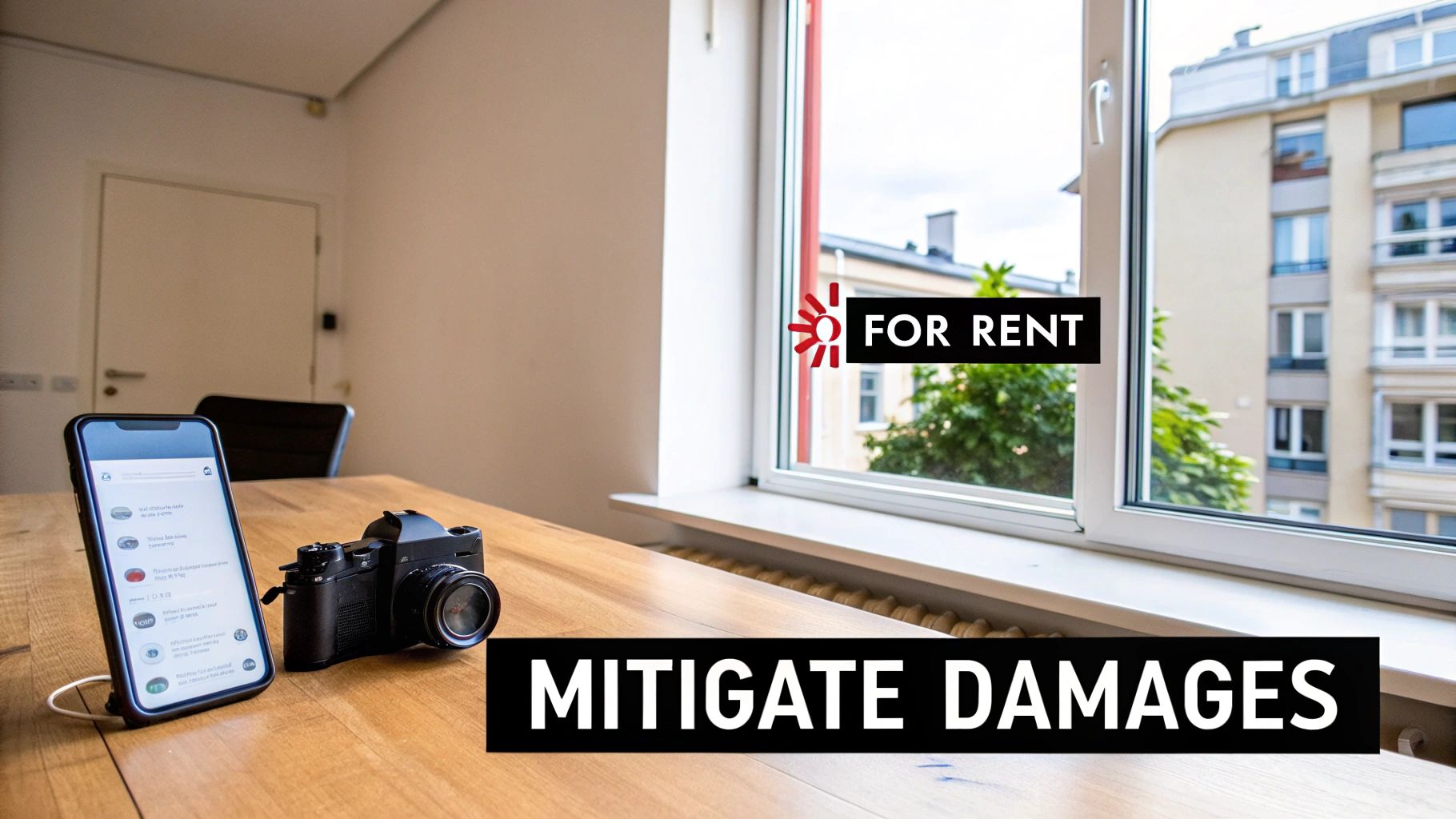 A smartphone and vintage camera on a wooden table, with a window showing a city view. Overlaid text reads 'FOR RENT' and 'MITIGATE DAMAGES'.
