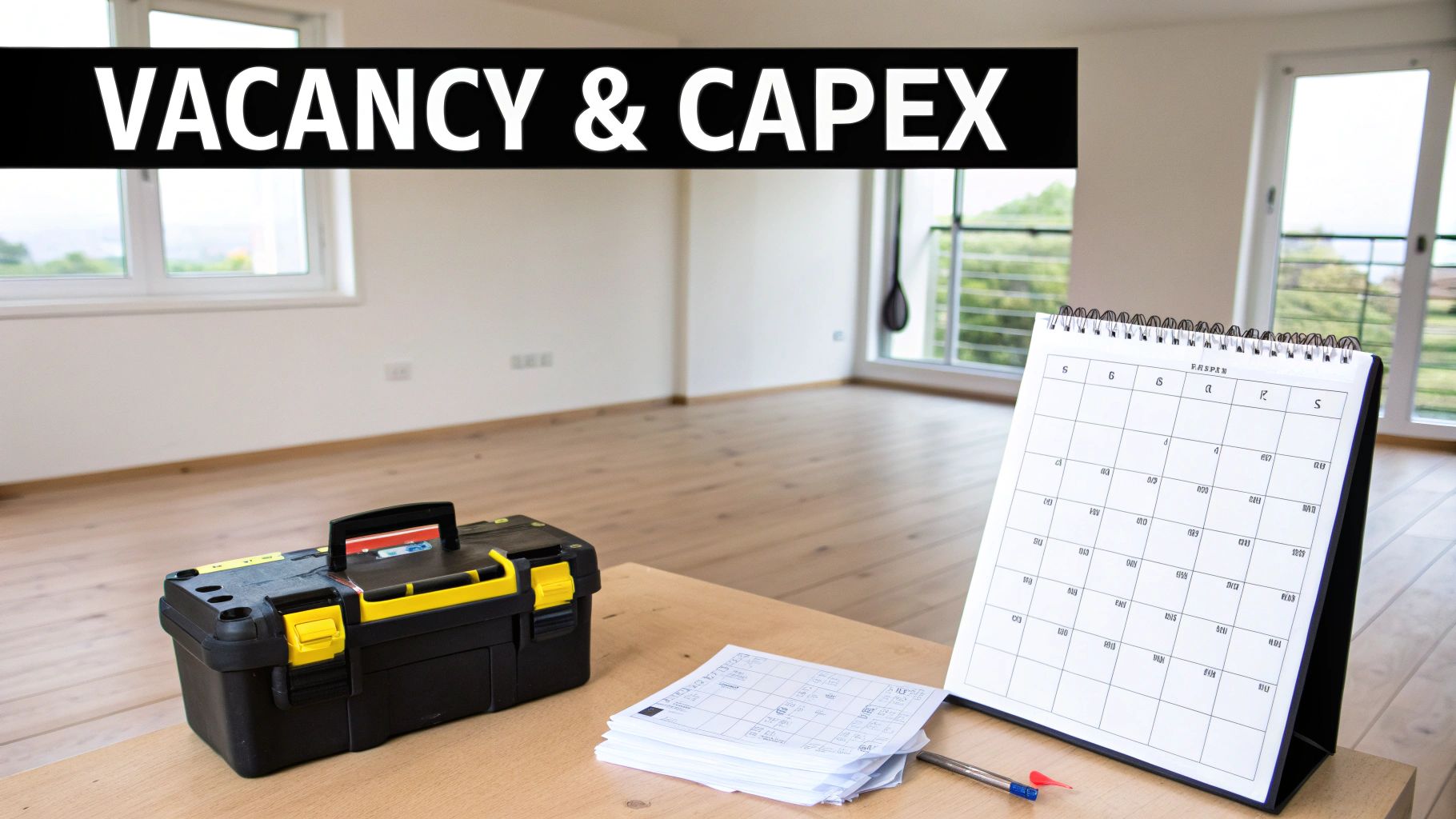 Empty apartment room with toolbox, calendar, and blueprints for rental property vacancy planning