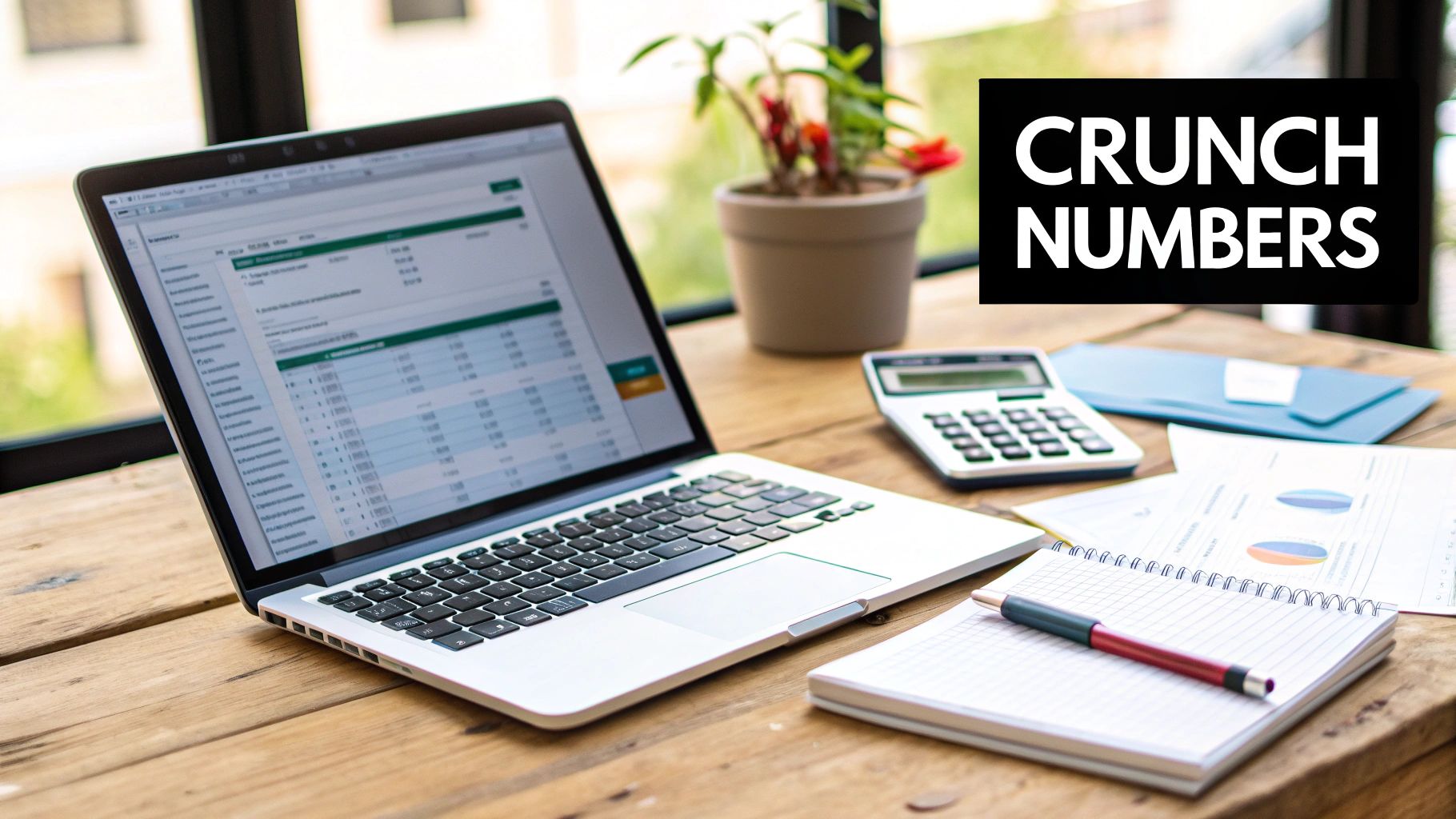 A laptop displaying a spreadsheet, calculator, and notebook on a wooden desk with a 'CRUNCH NUMBERS' overlay.