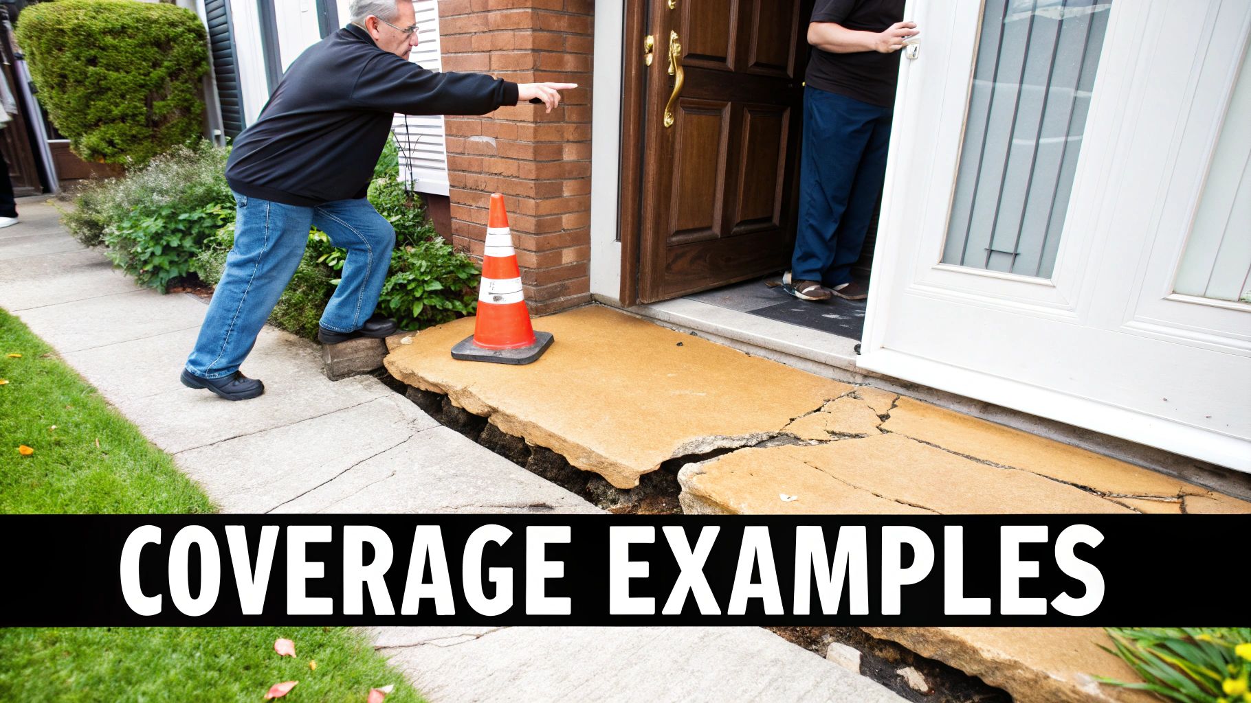 A man points at a severely cracked and sunken concrete porch with a traffic cone near a house entrance.