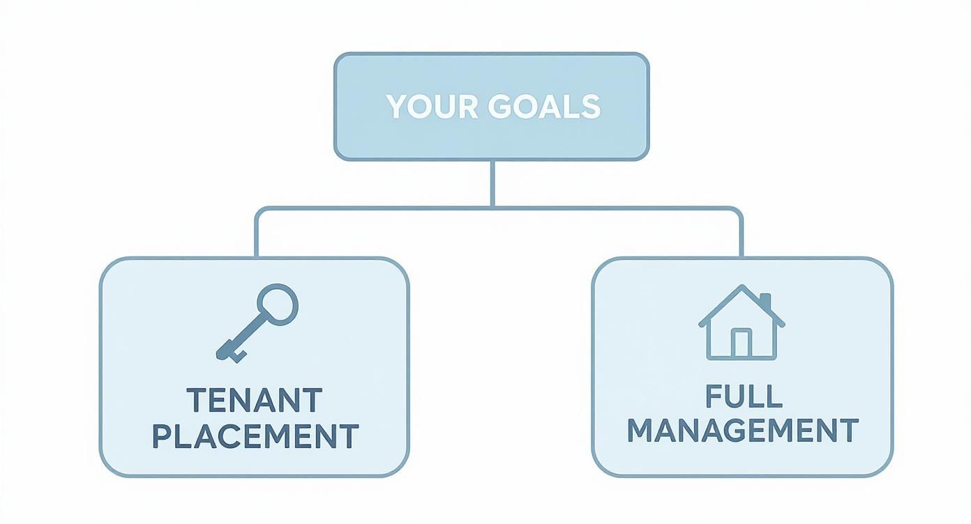 Flowchart showing property management goals with tenant placement and full management service options