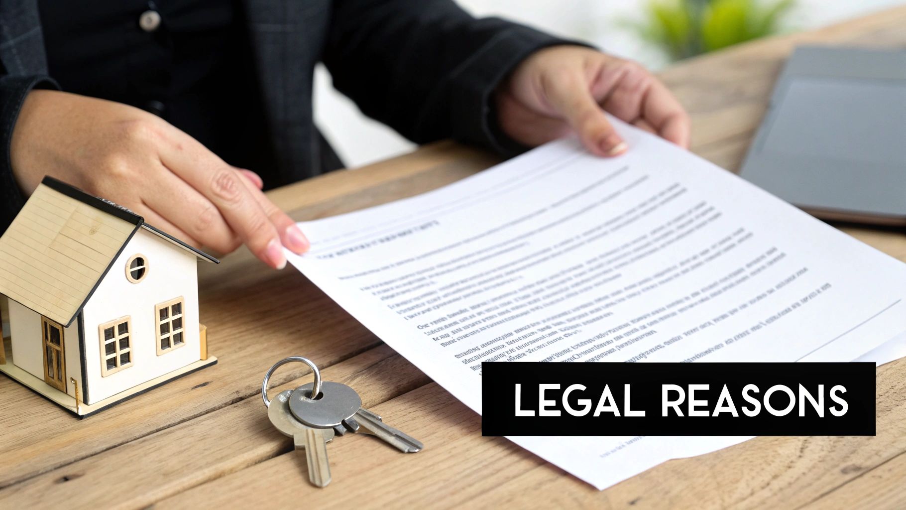 Hands holding a lease document, with a miniature house and keys on a wooden table, highlighting legal reasons.