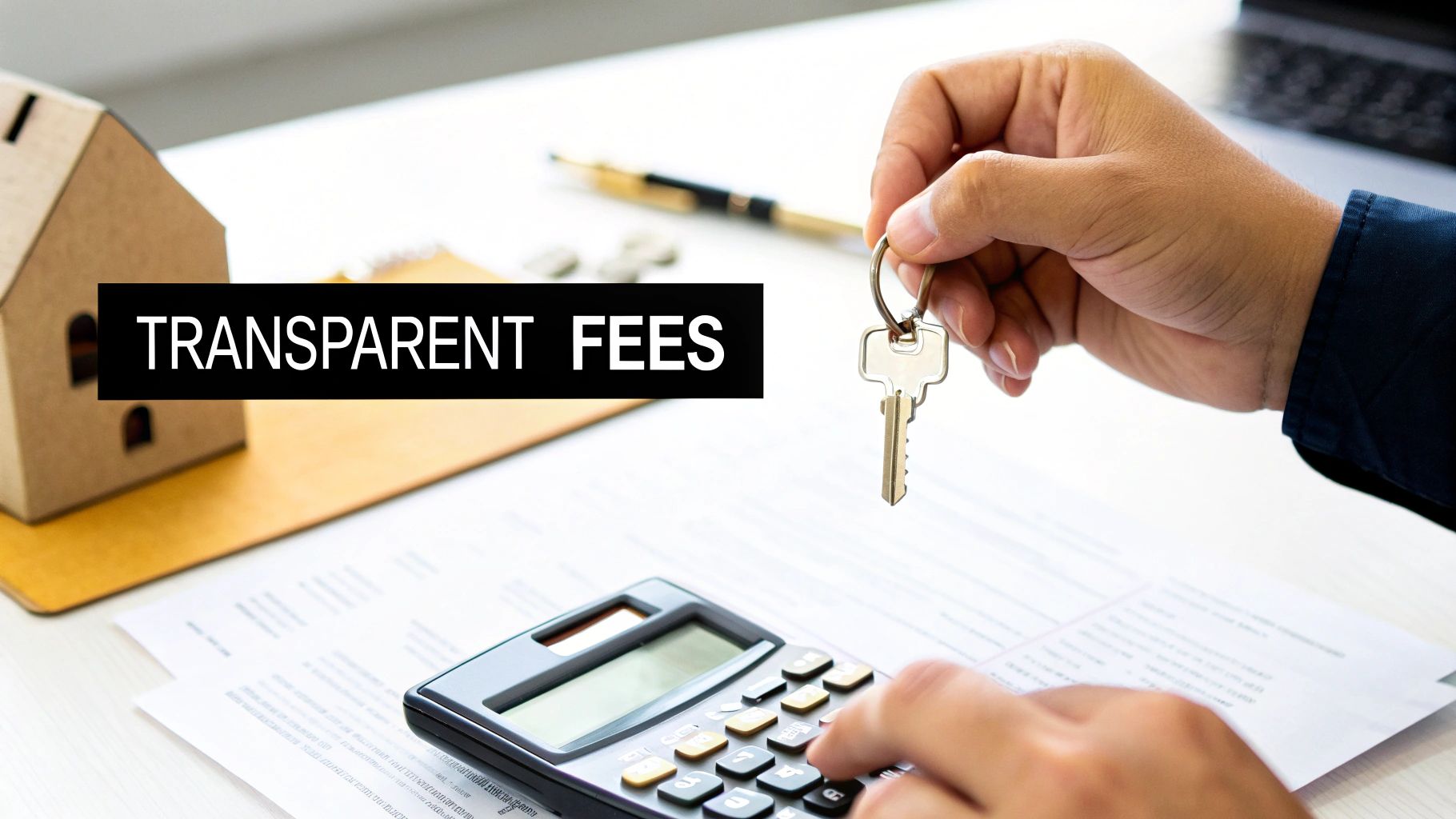 A person calculating property fees with a calculator, holding a house key, emphasizing transparent pricing.