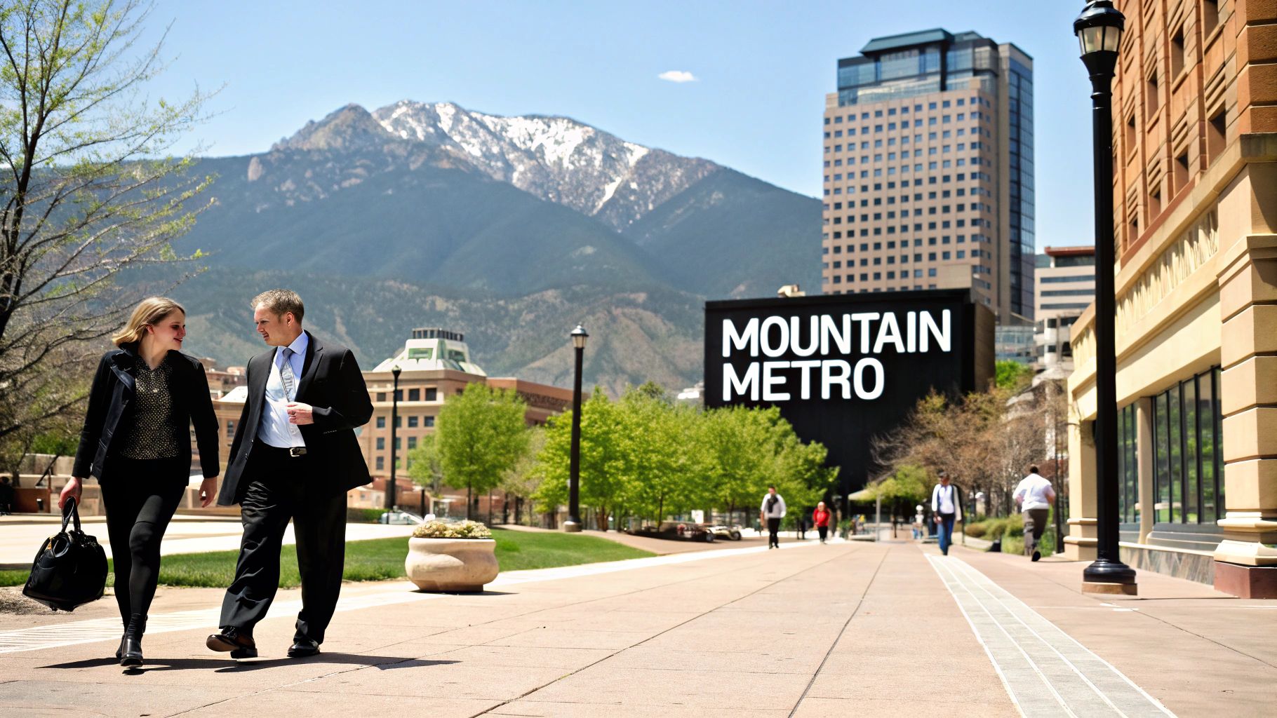 Two business professionals walk and converse on a city street with mountains and buildings in the background.