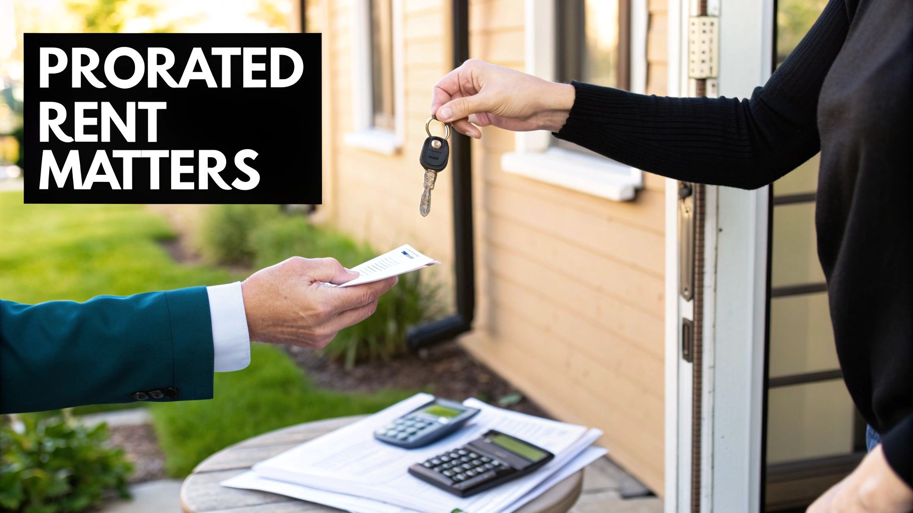 Hands exchanging keys and documents for a rental property with a 'Prorated Rent Matters' sign.