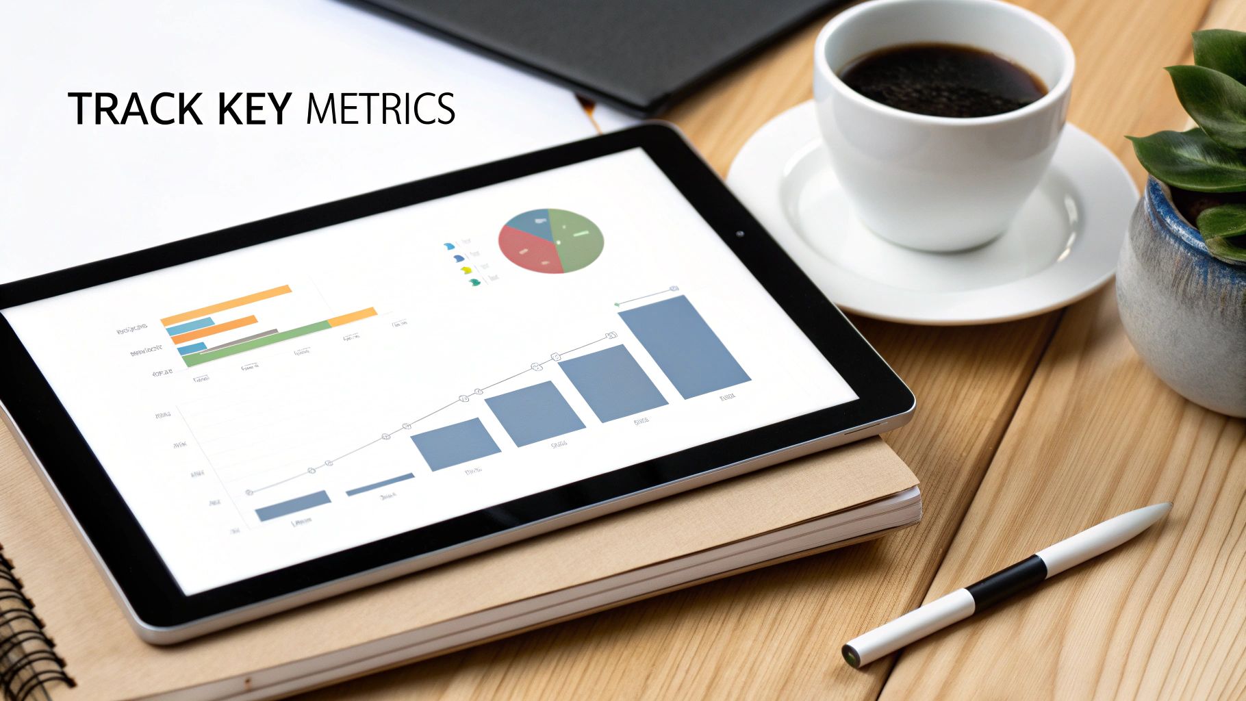 A tablet displaying business metrics and graphs on a wooden desk with coffee, a plant, and a pen.