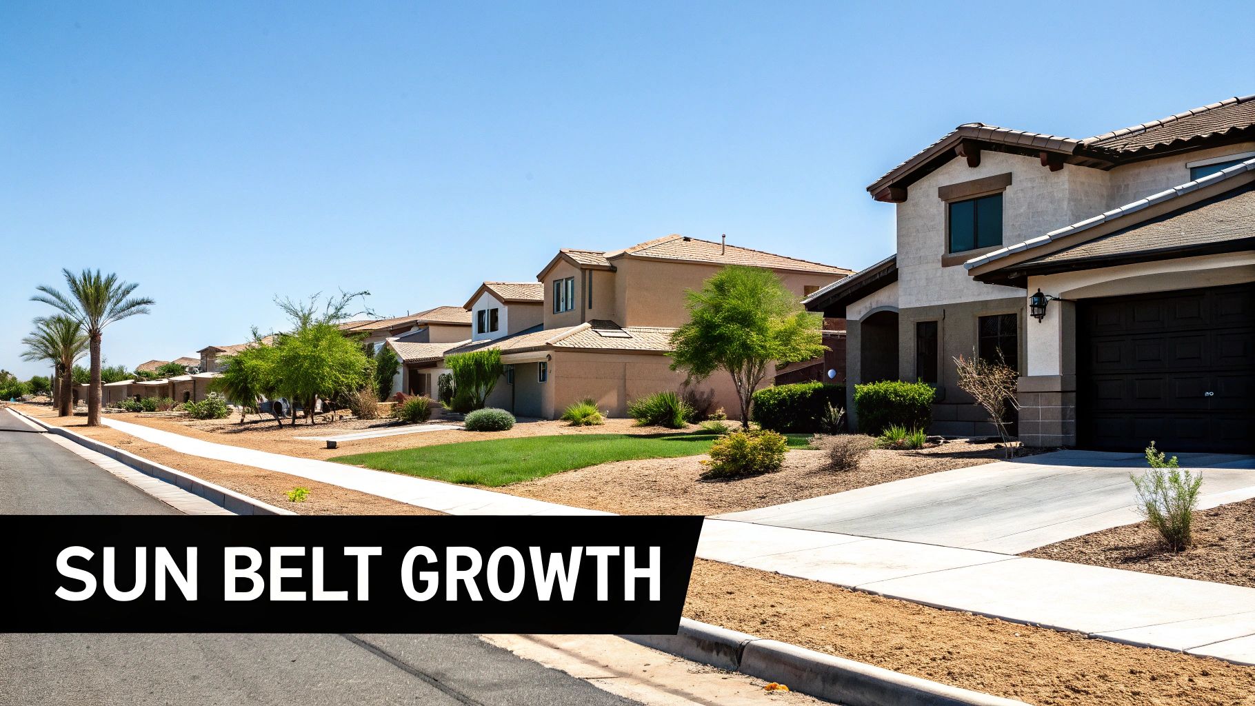 Modern suburban homes with palm trees and desert landscaping under a clear blue sky, illustrating Sun Belt growth.