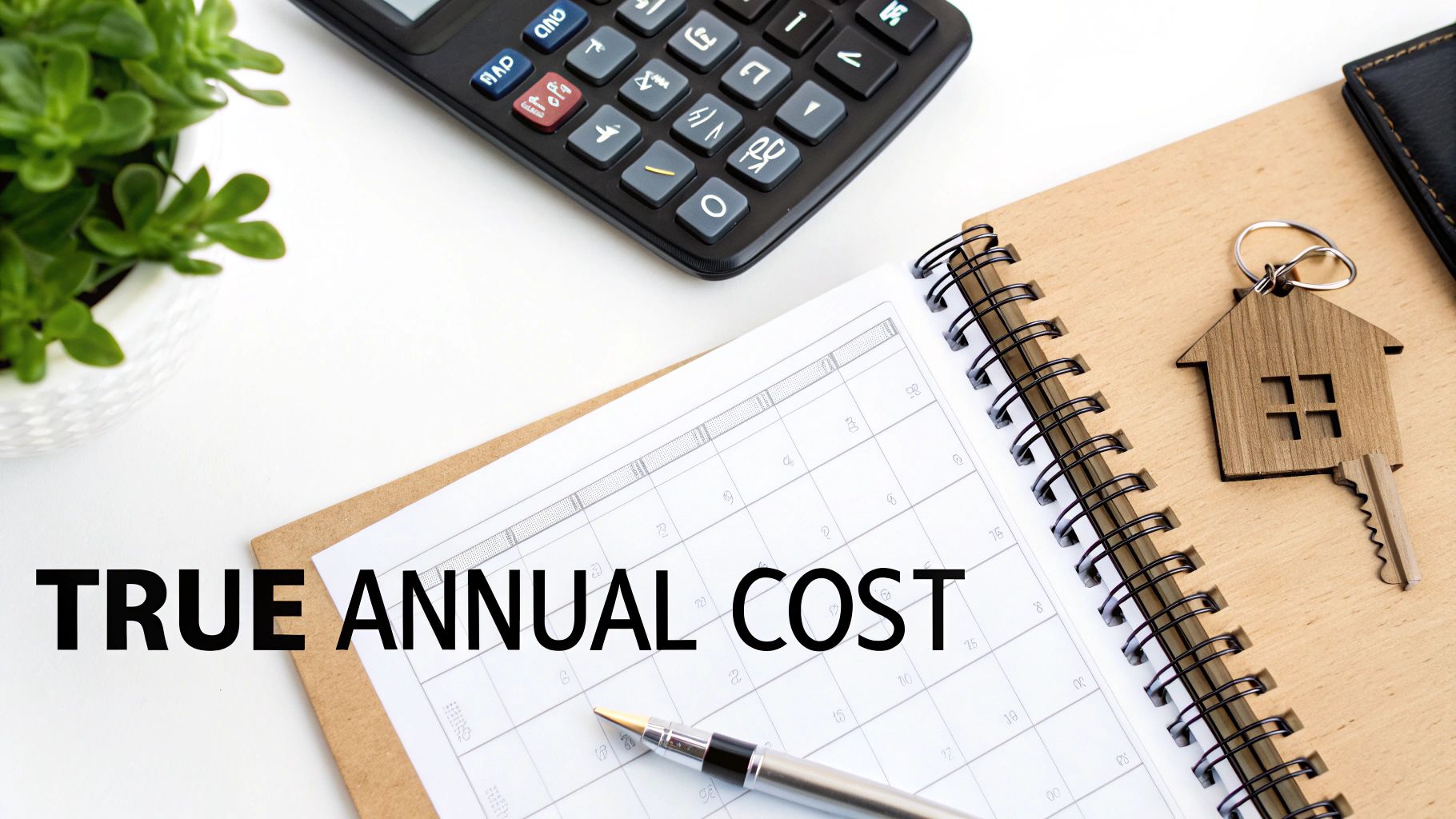 A desk with a calculator, plant, open notebook, pen, and house key, illustrating true annual cost.