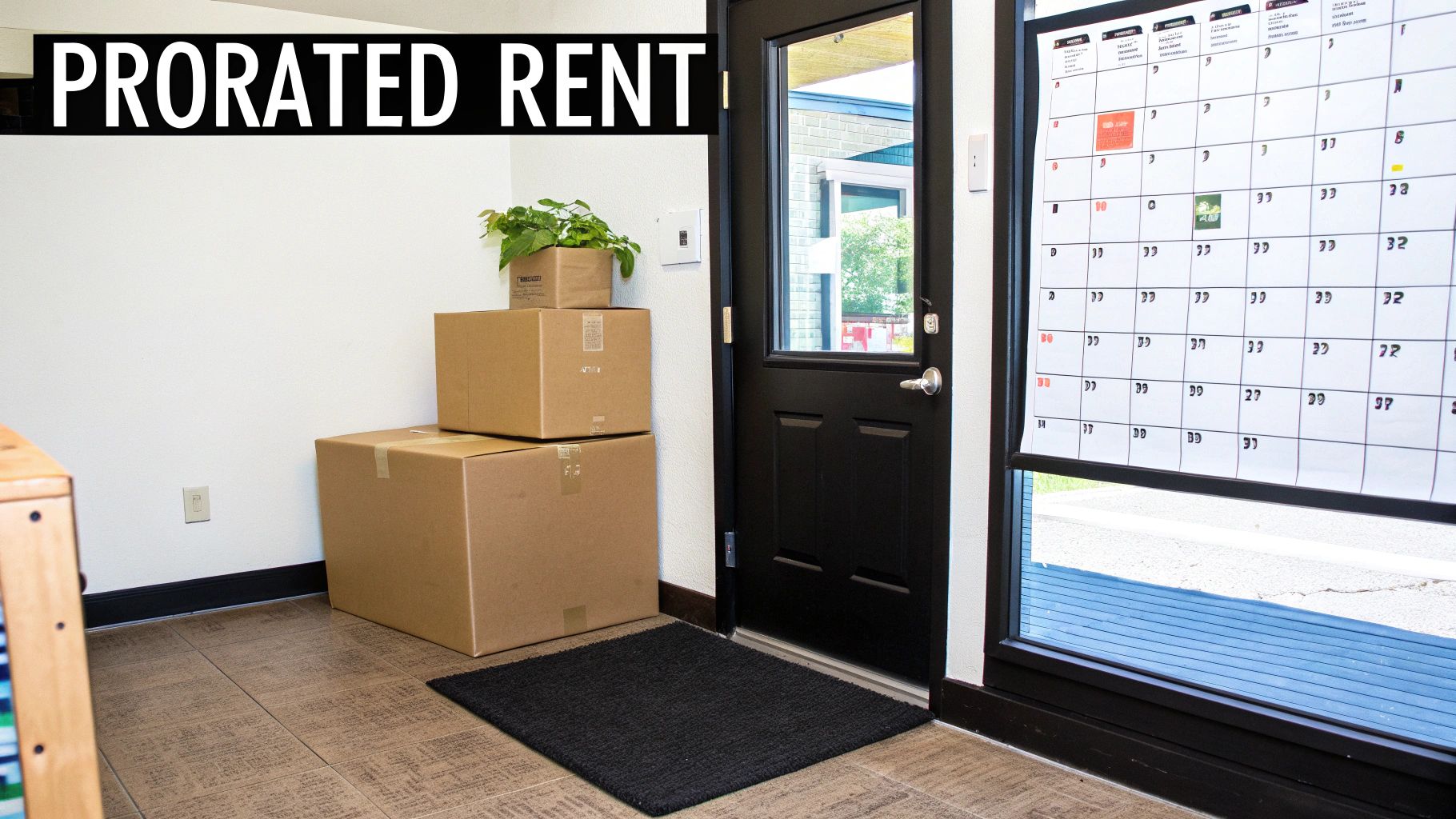 Cardboard moving boxes are stacked beside a black door with a calendar, implying a new move.