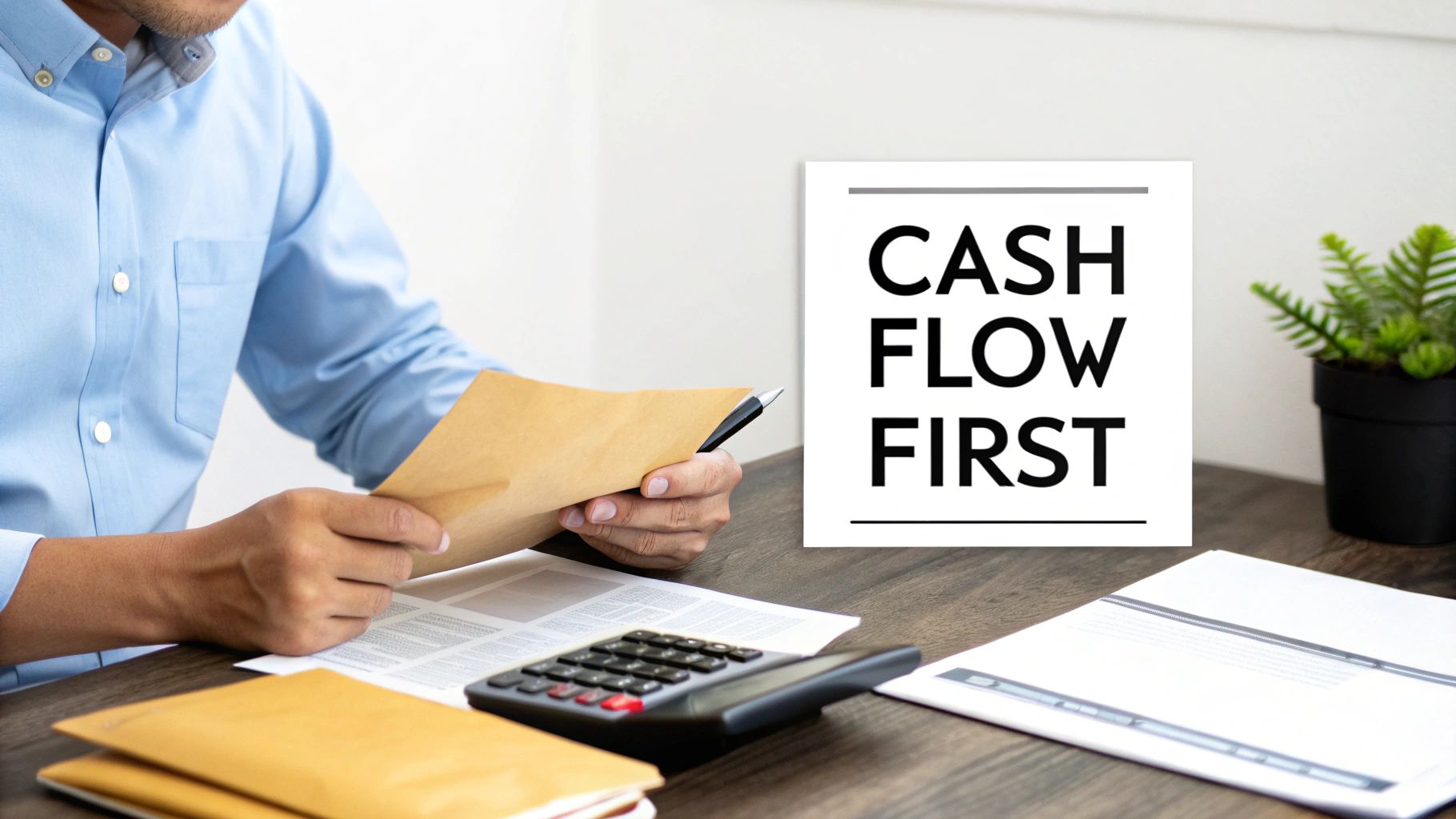 A person reviews financial documents and uses a calculator next to a 'CASH FLOW FIRST' sign.
