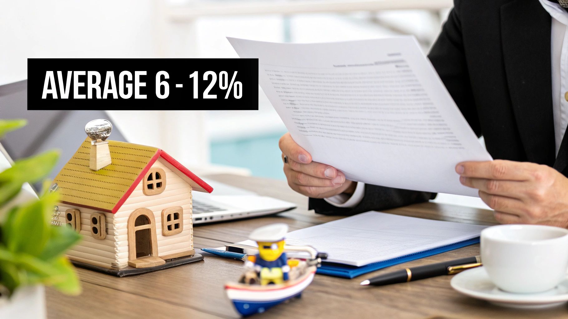 A professional reviews documents at a desk with a model house and text "AVERAGE 6 - 12%" visible.