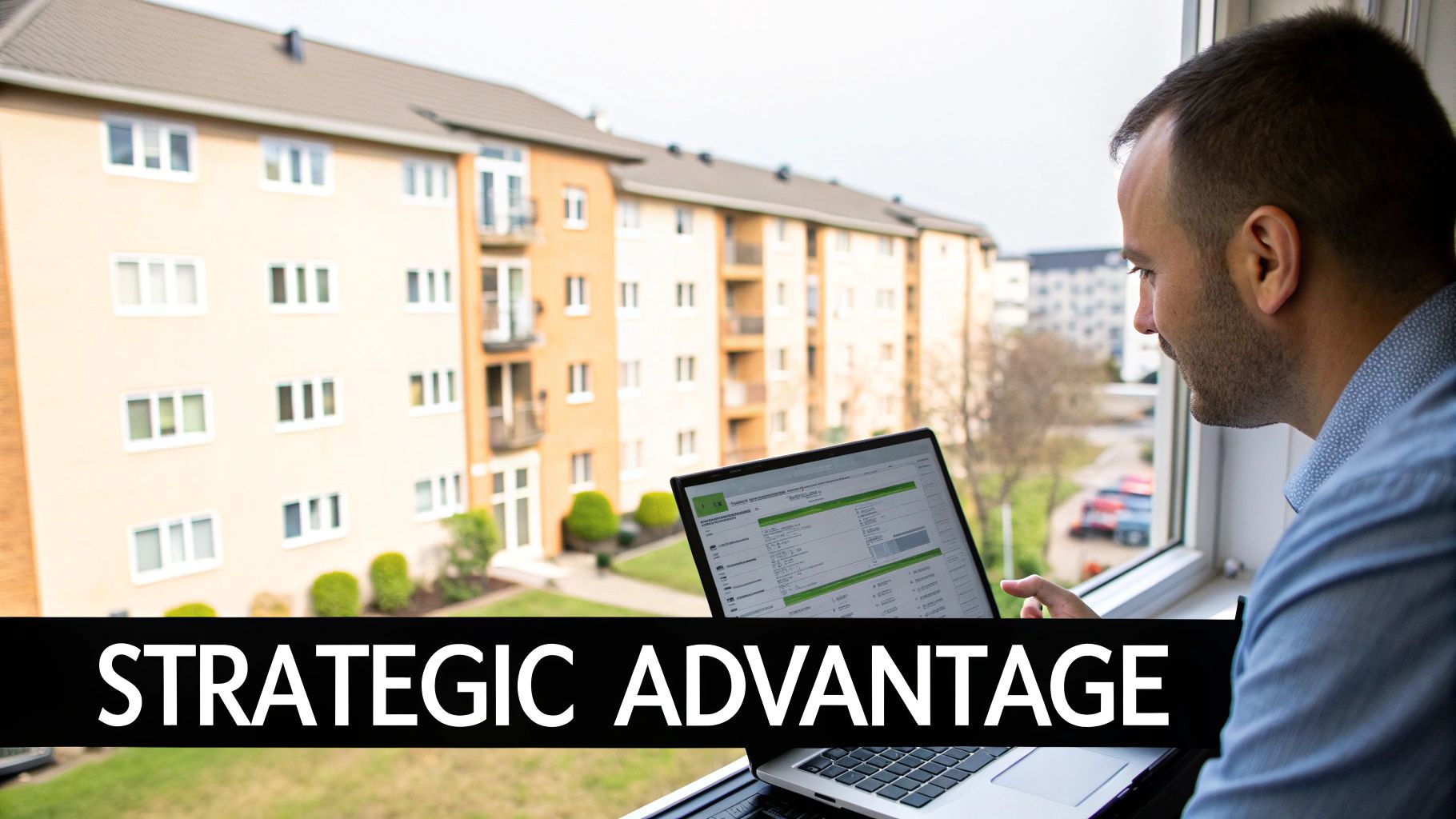 A man works on a laptop by a window overlooking residential buildings, with 'STRATEGIC ADVANTAGE' text.