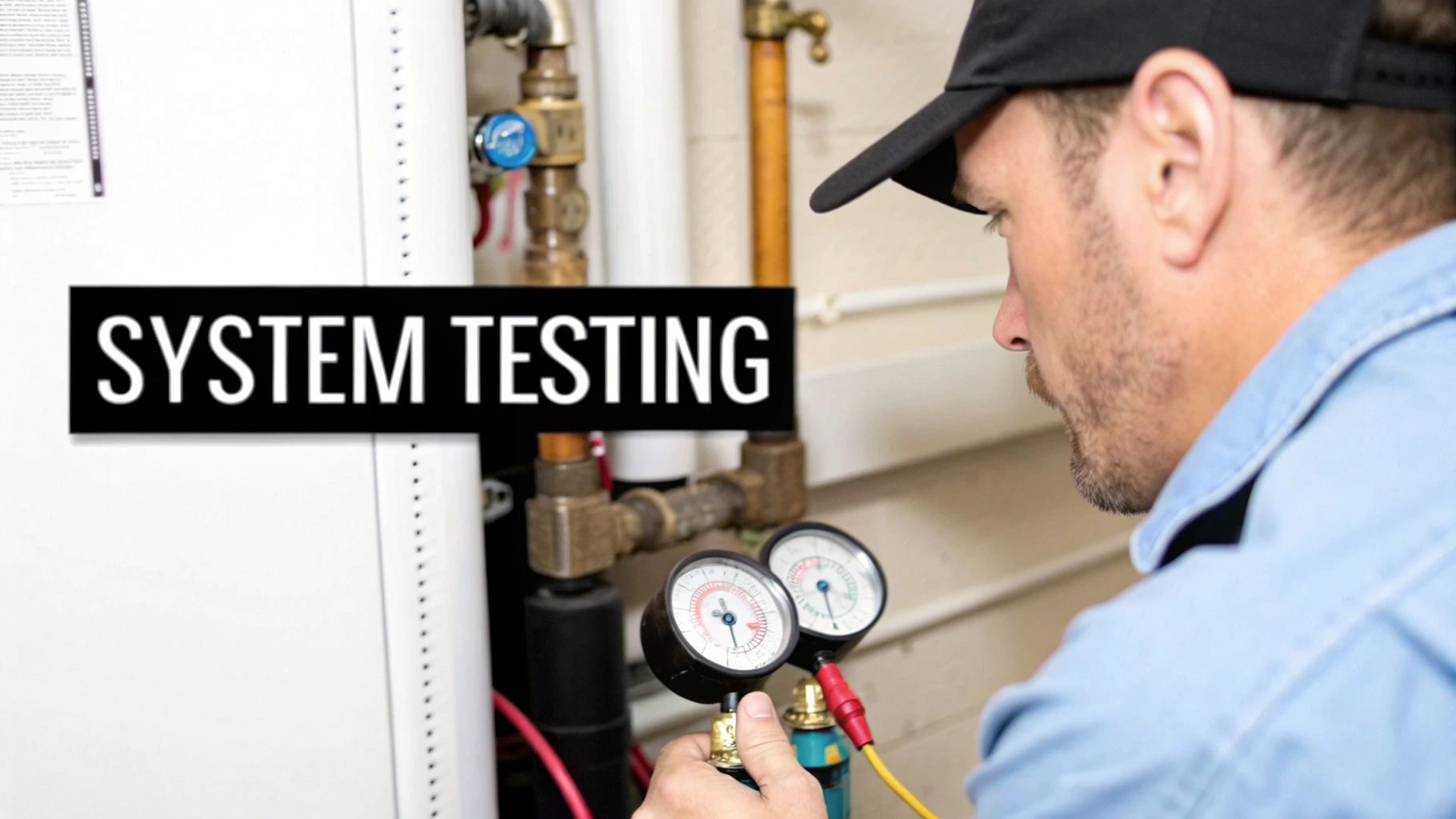 A technician in a black cap tests a plumbing system using two pressure gauges.