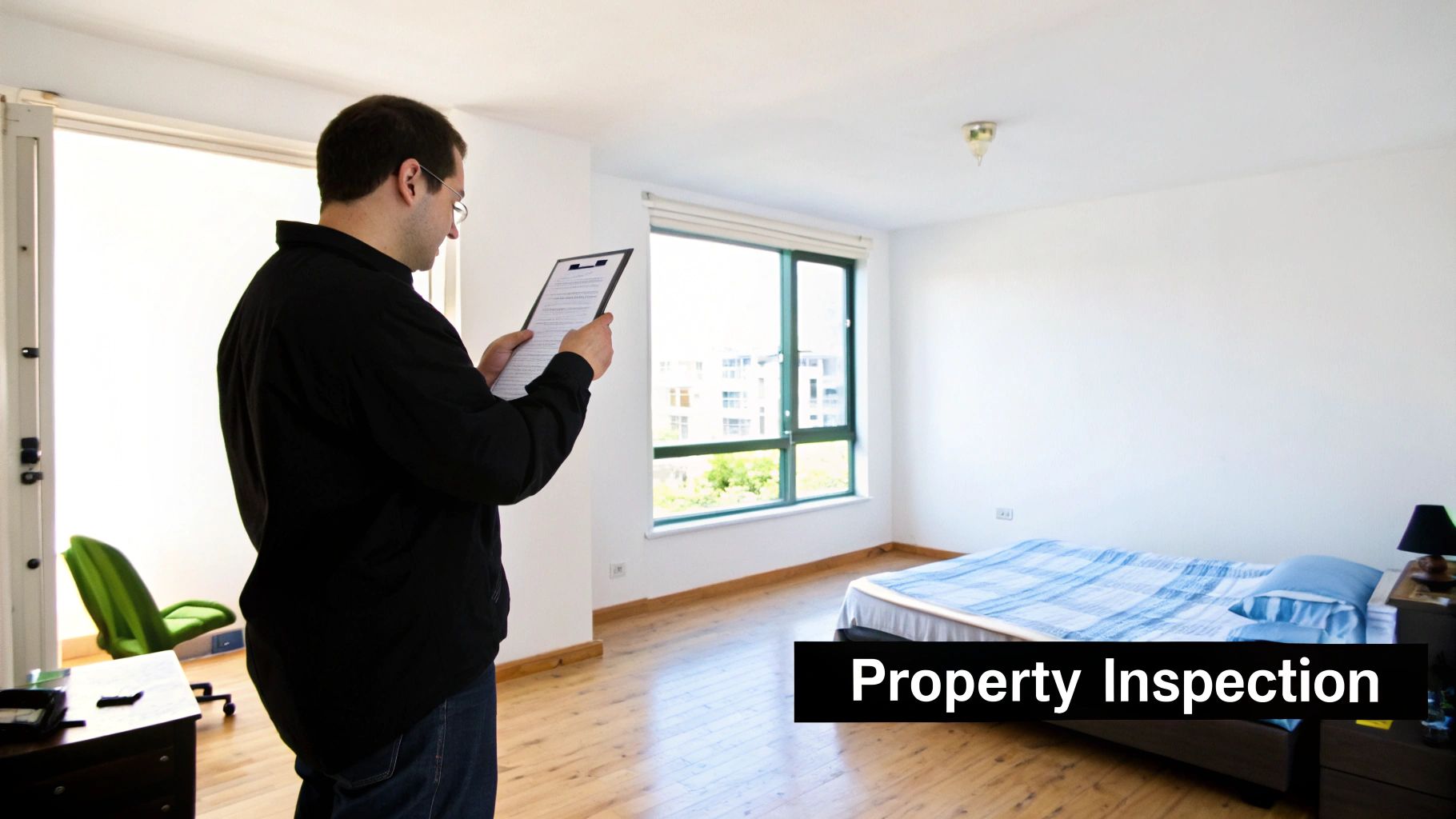 A man holds a clipboard, inspecting an empty bedroom with a bed and a large window.
