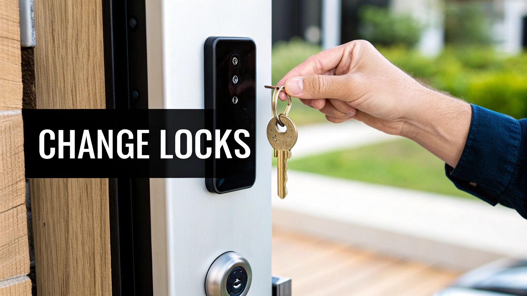 A hand holds keys near a door with a smart lock, featuring a 'CHANGE LOCKS' overlay.