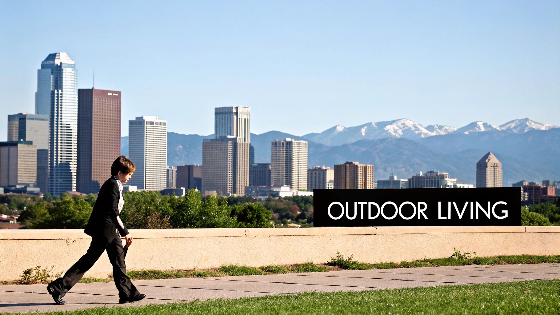 A person walks on a path past an &#39;Outdoor Living&#39; sign, with a cityscape and snow-capped mountains in the background.