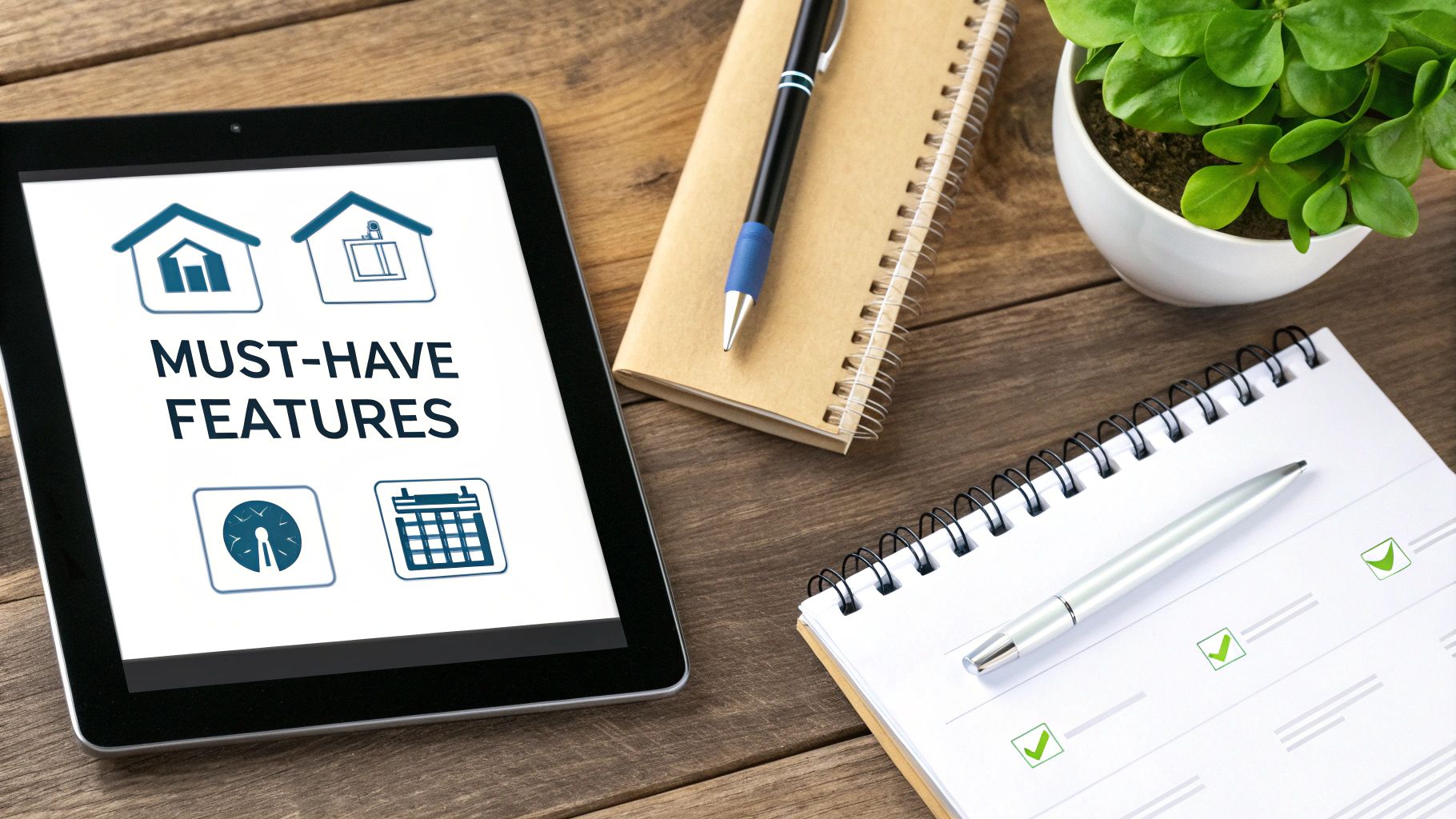 A tablet displays &#39;MUST-HAVE FEATURES&#39; with house, clock, and calendar icons, next to notebooks and pens on a wooden desk.