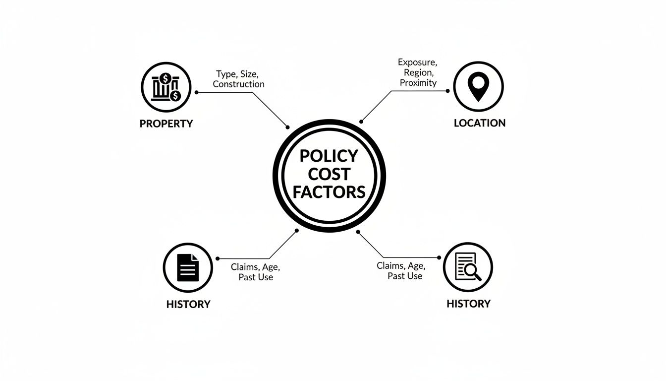 Diagram illustrating policy cost factors including property, location, and history details.