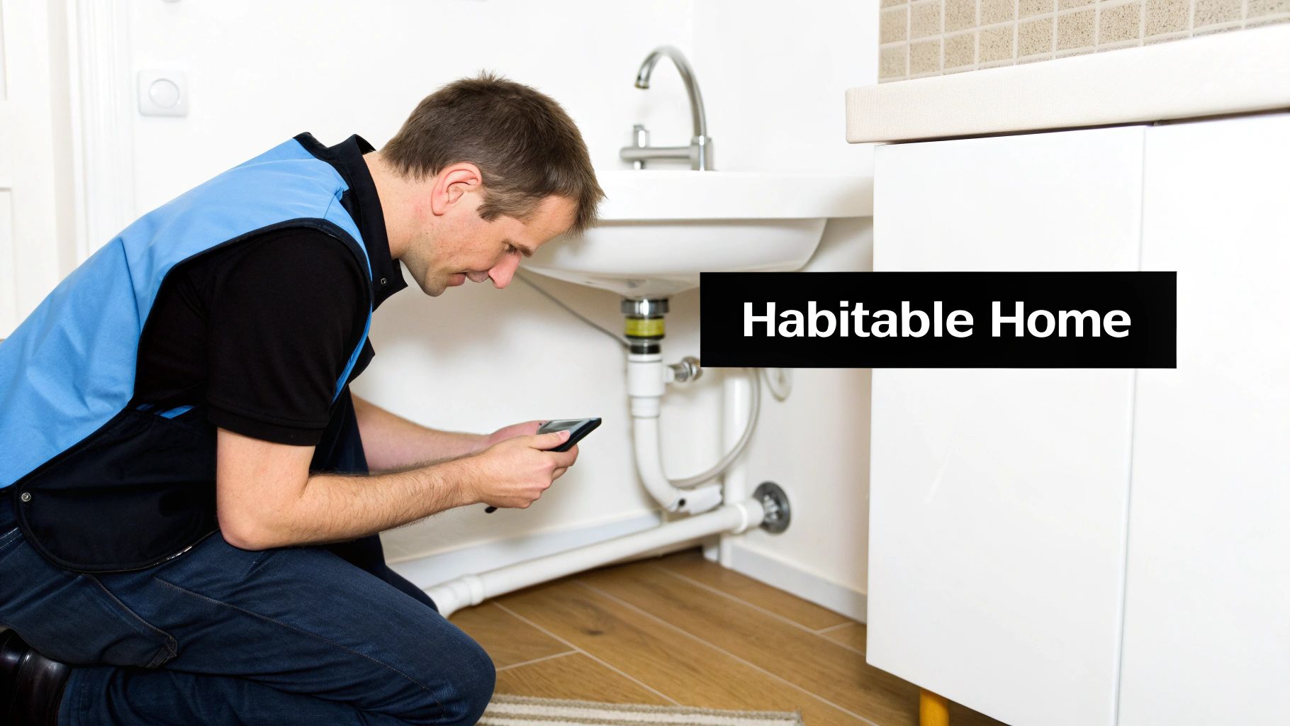 A landlord and tenant reviewing a checklist on a clipboard inside a rental property.