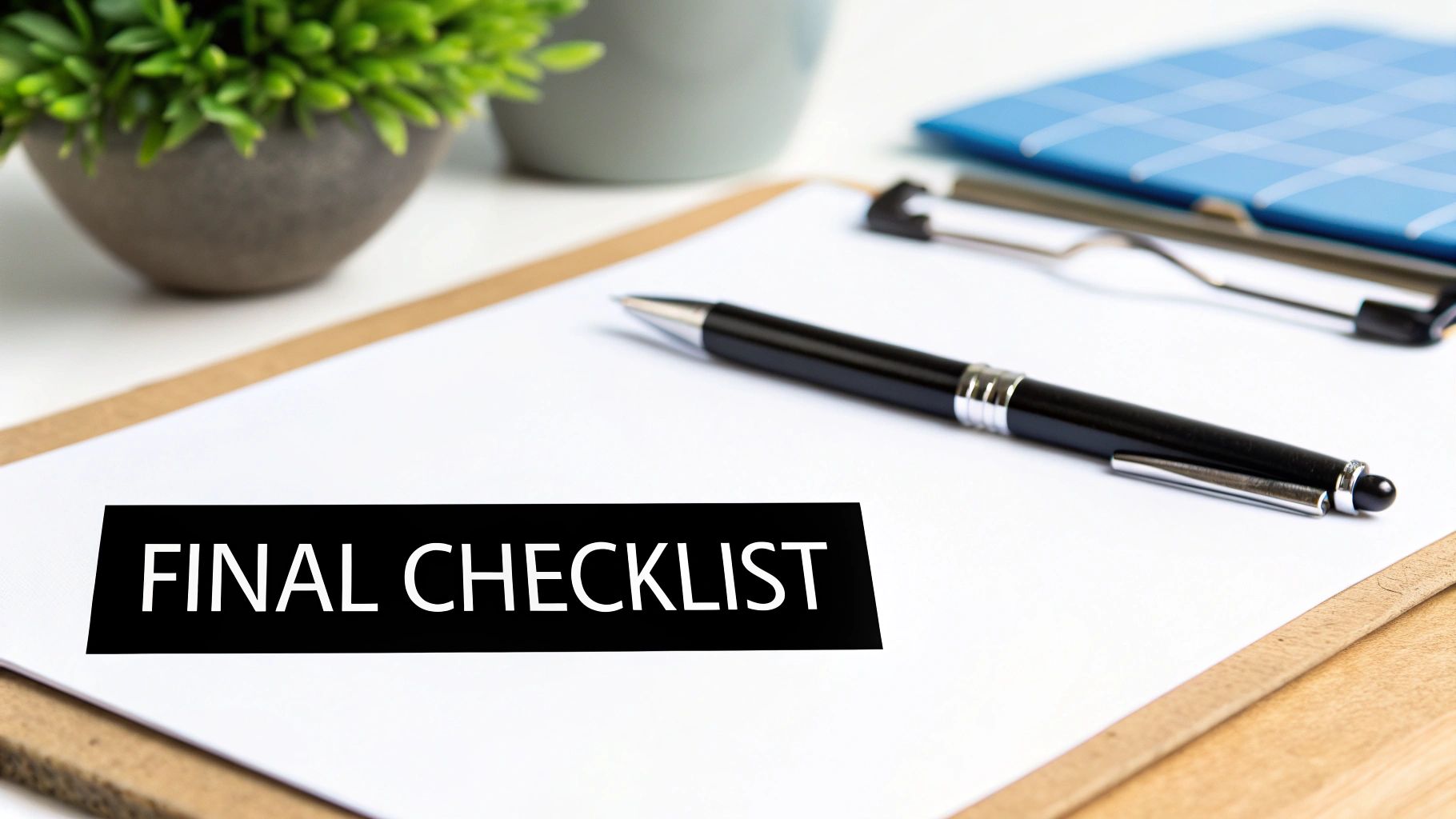 Final checklist document on clipboard with pen for property management agreement review