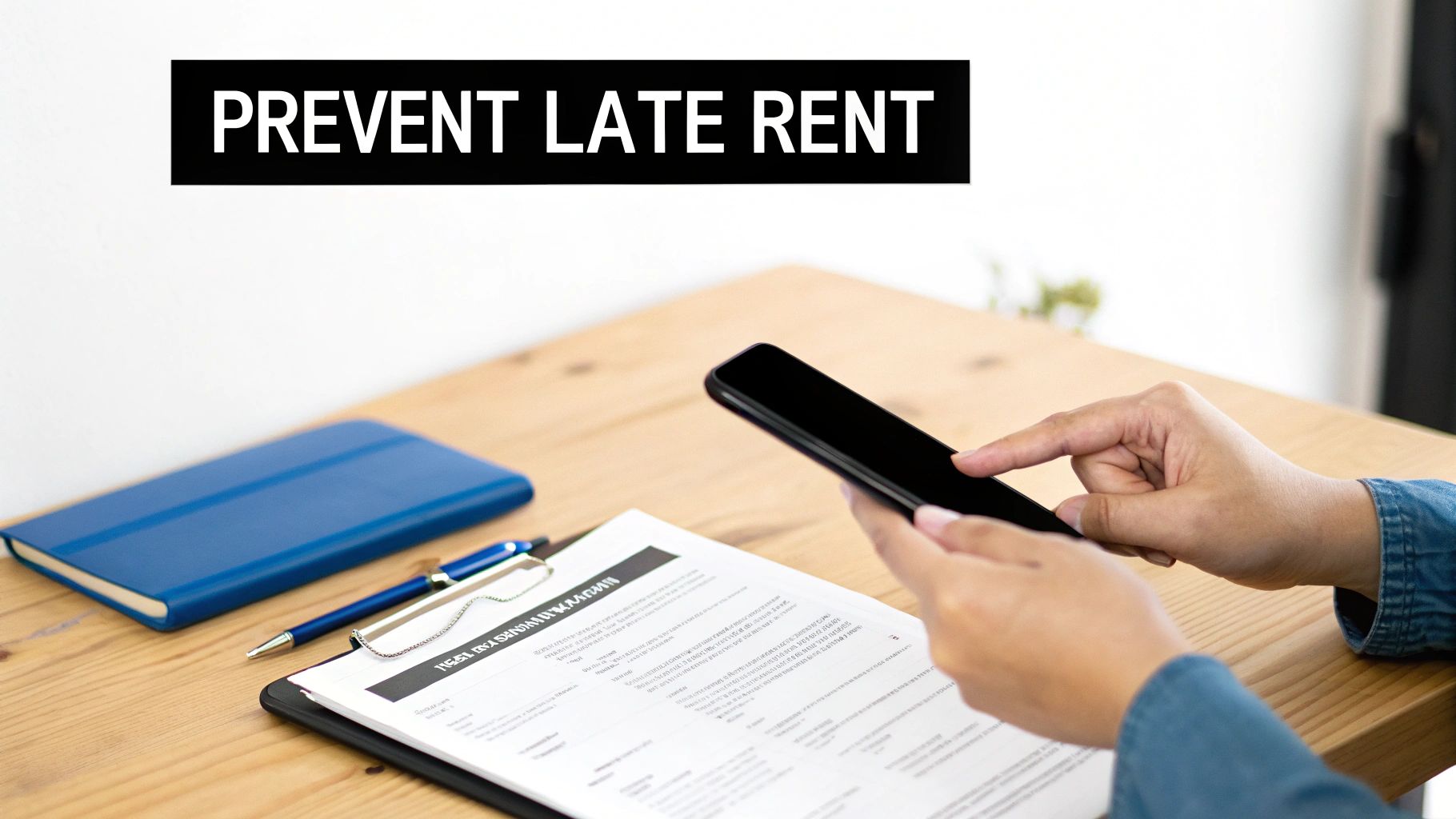 A person uses a smartphone on a wooden desk with documents and a notebook, under a 'PREVENT LATE RENT' sign.