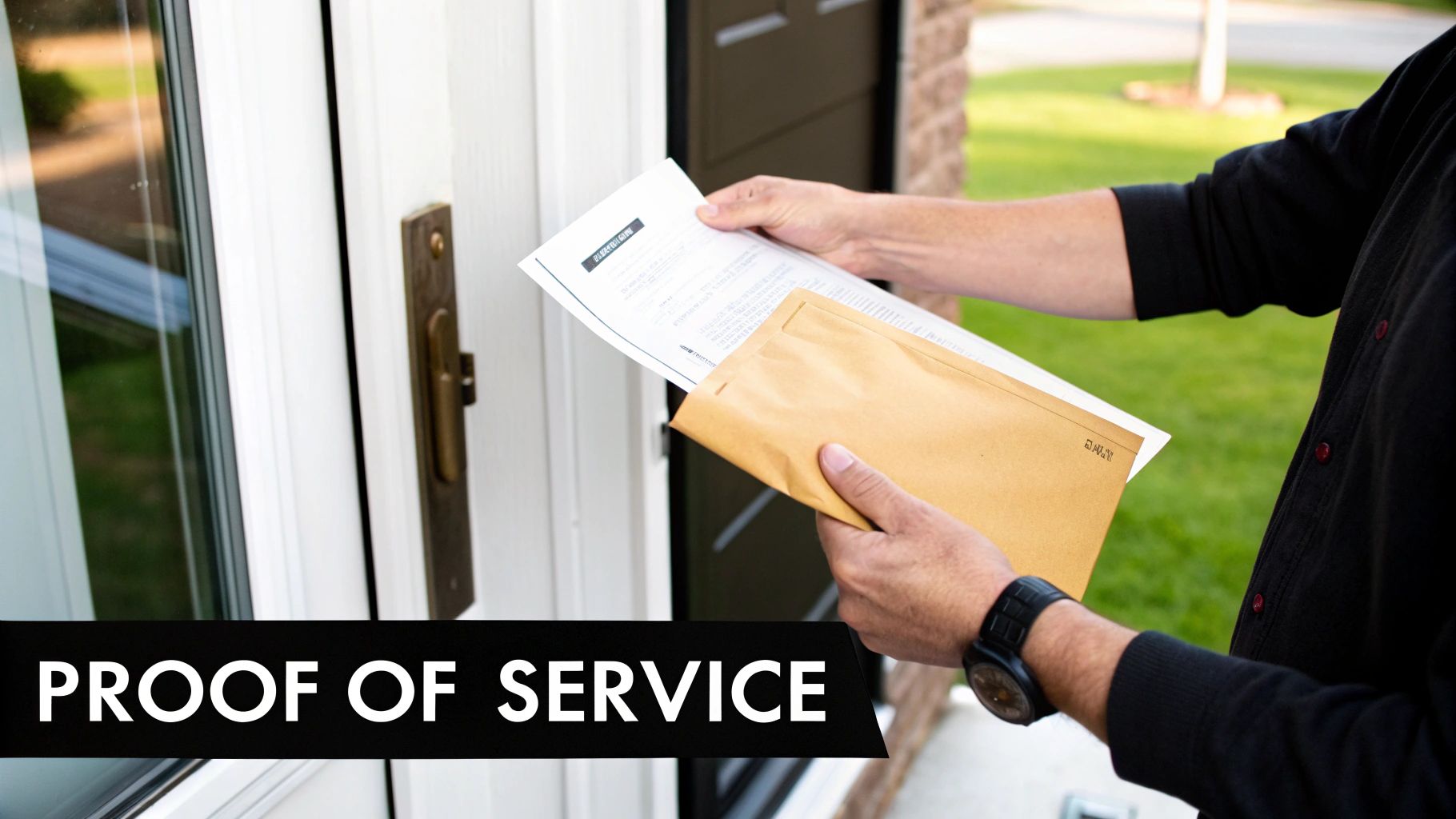 Close-up of a person's hands holding legal documents and a brown envelope, labeled 'Proof of Service'.