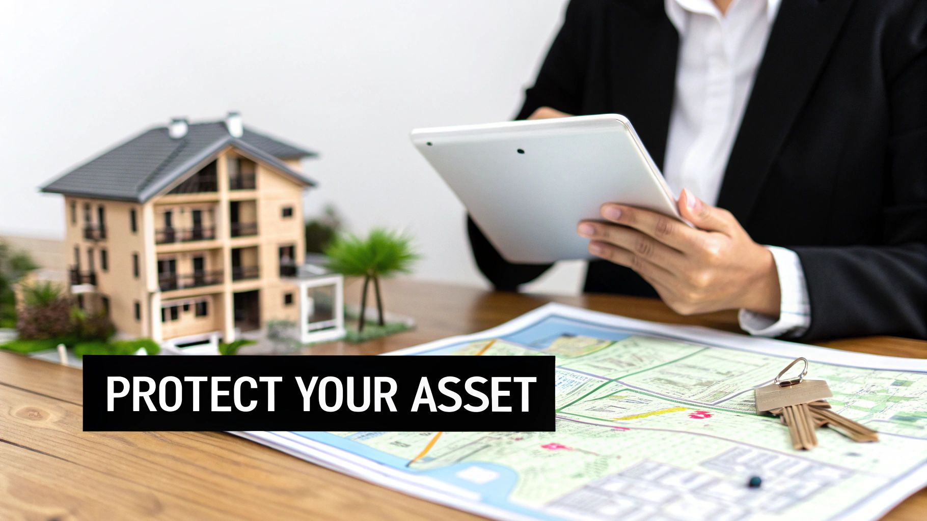 A person reviews a house model, map, and keys while using a tablet, with 'PROTECT YOUR ASSET' text.